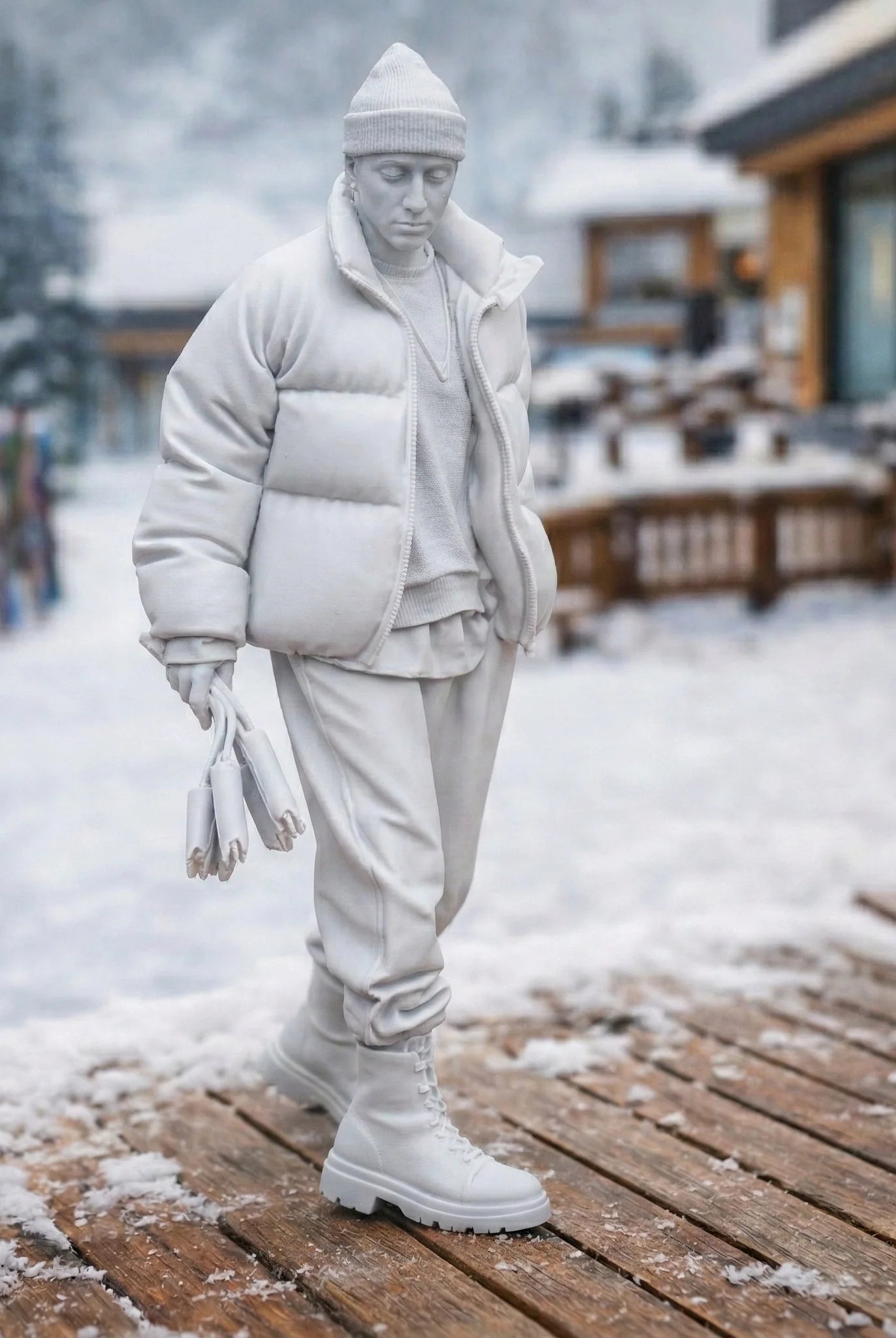 Professional Mountain Coach in Monochromatic Puffer Gear | Resin Figurine
