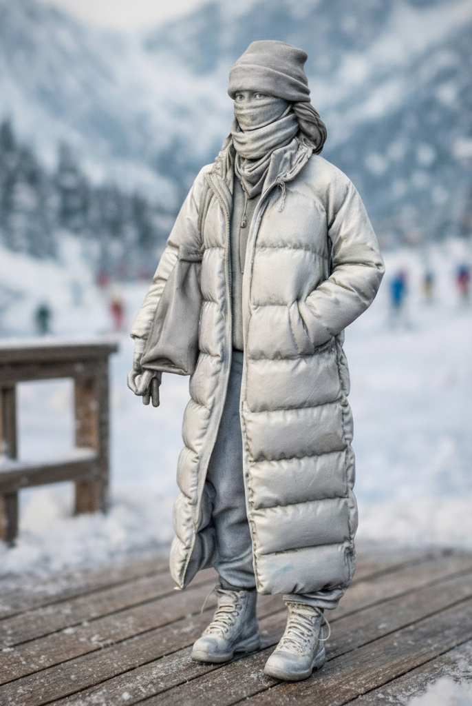 High-Altitude Minimalist in Maxi Puffer & Face Wrap | Resin Figurine