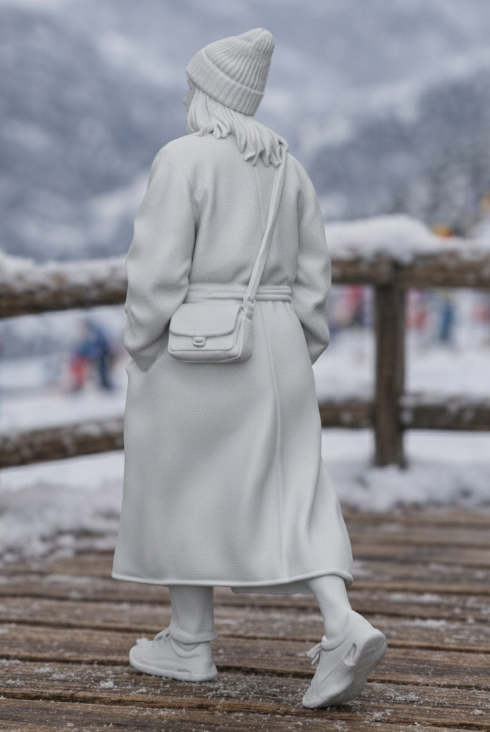 High-Fashion Tourist in Belted Maxi Coat | Resin Figurine