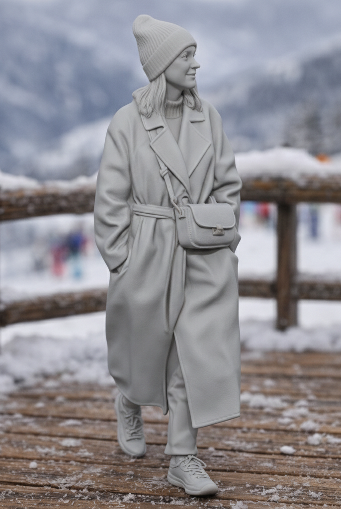 High-Fashion Tourist in Belted Maxi Coat | Resin Figurine