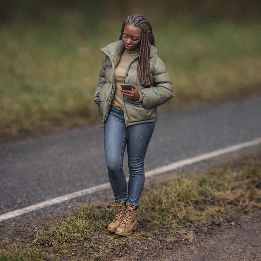 Roadside Spectator with Smartphone | Grey Resin Diorama Figurine