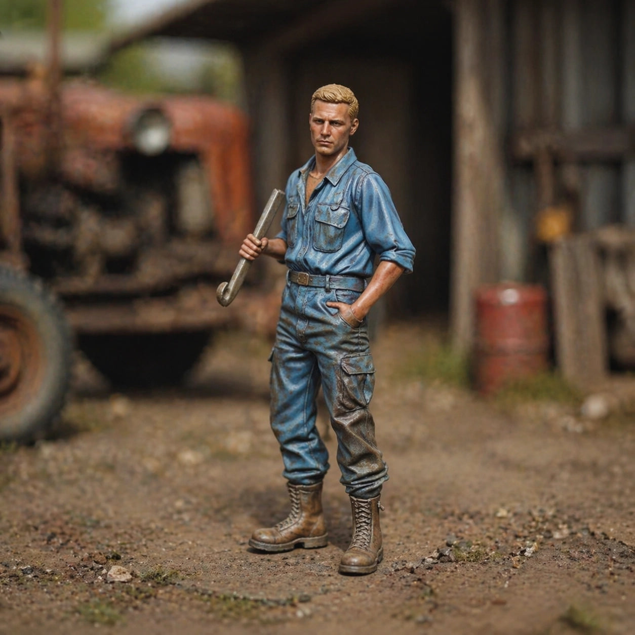 The Diesel Mechanic | Grey Resin Farm Diorama Figurine