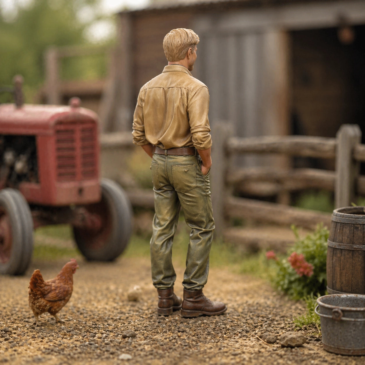 The Jovial Farmhand | Grey Resin Farm Diorama Figurine
