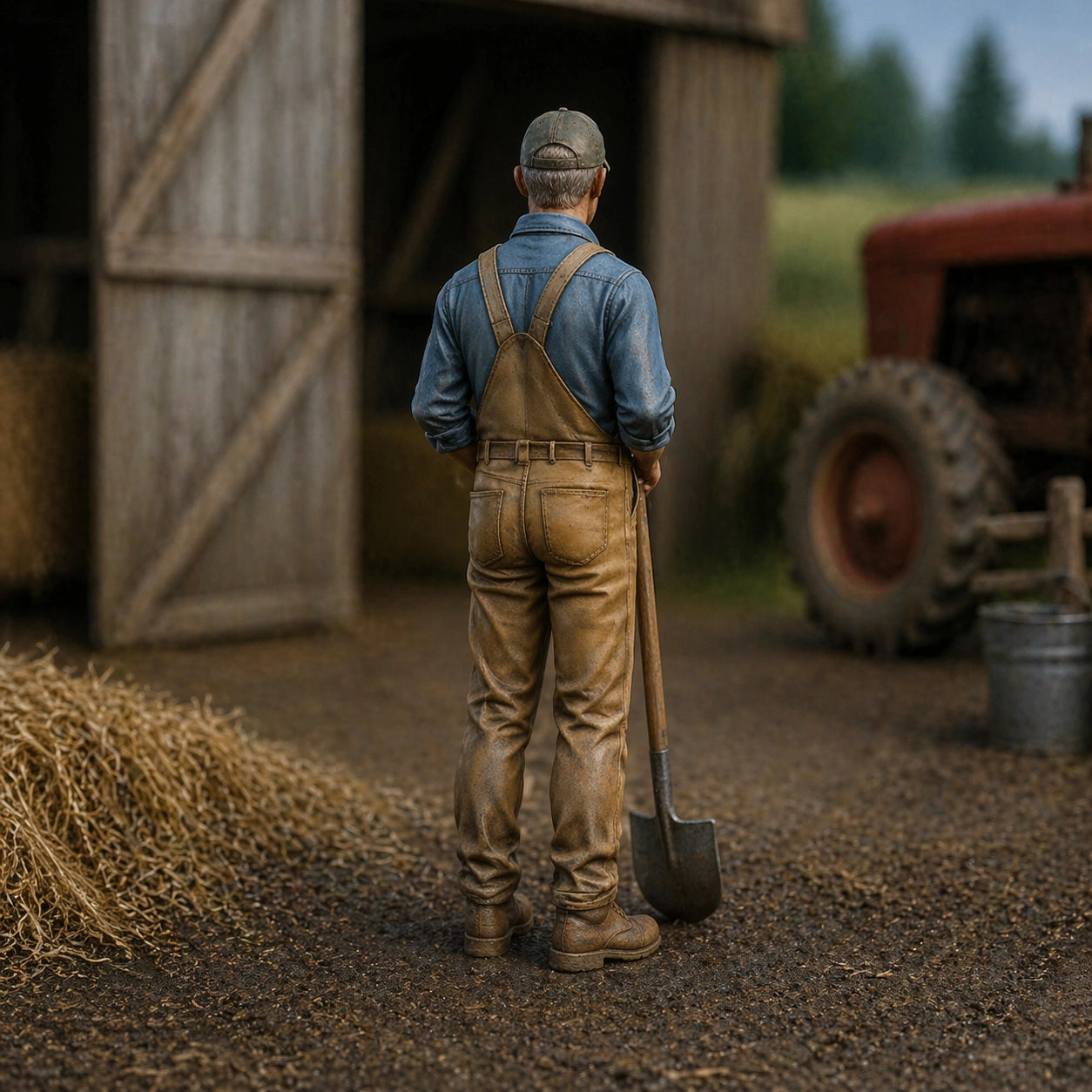 The Barnyard Laborer | Grey Resin Farm Diorama Figurine