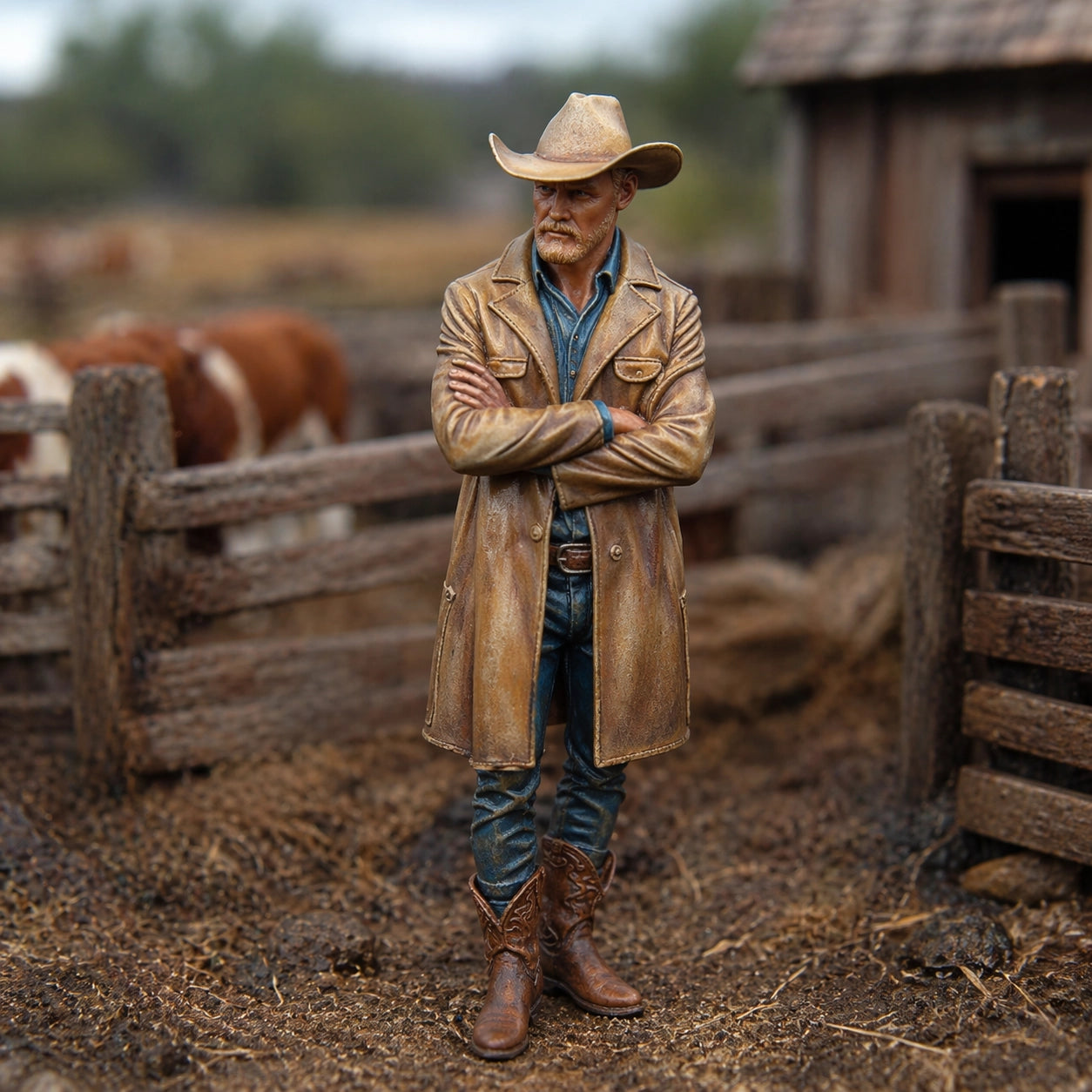 The Cattle Rancher | Grey Resin Farm Diorama Figurine