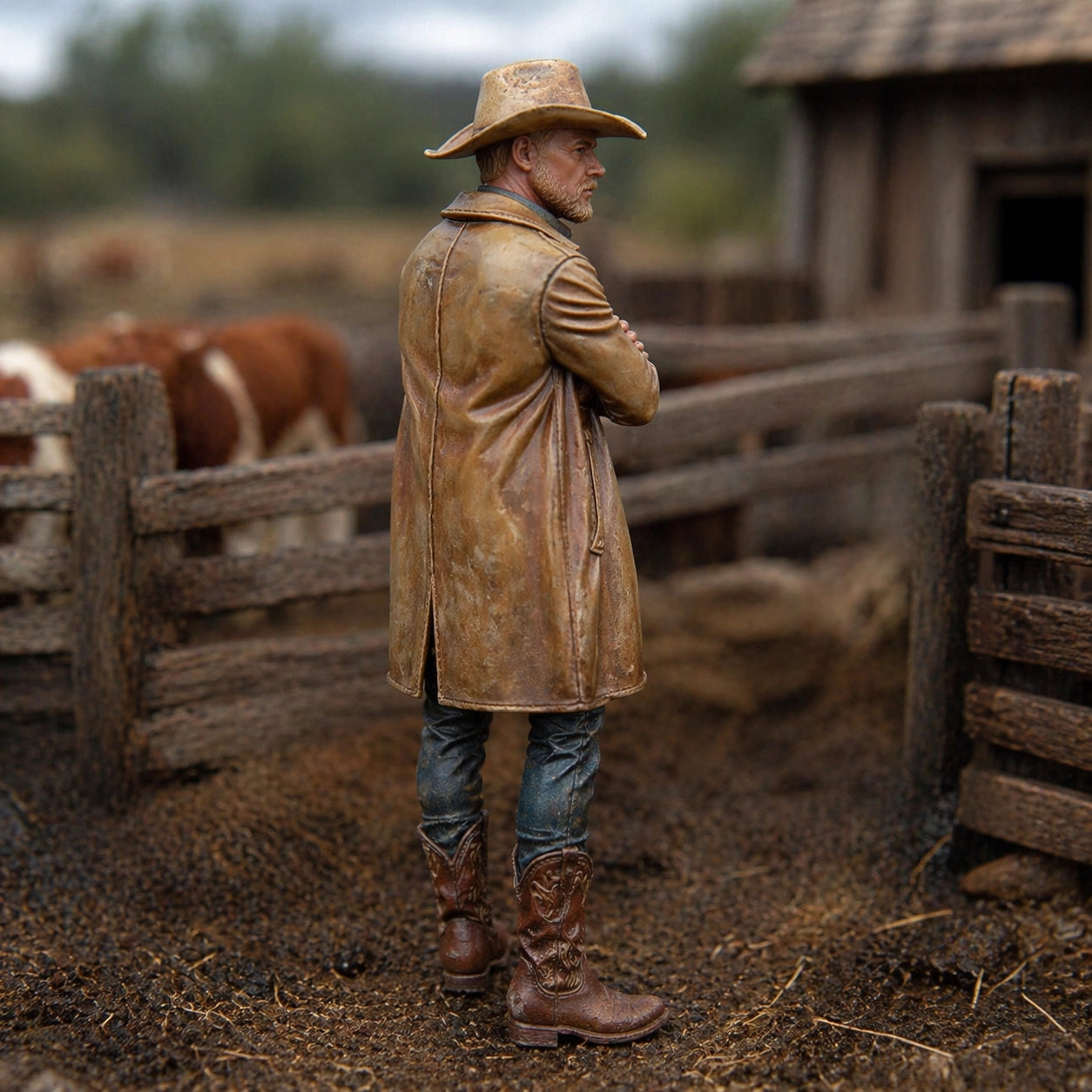 The Cattle Rancher | Grey Resin Farm Diorama Figurine