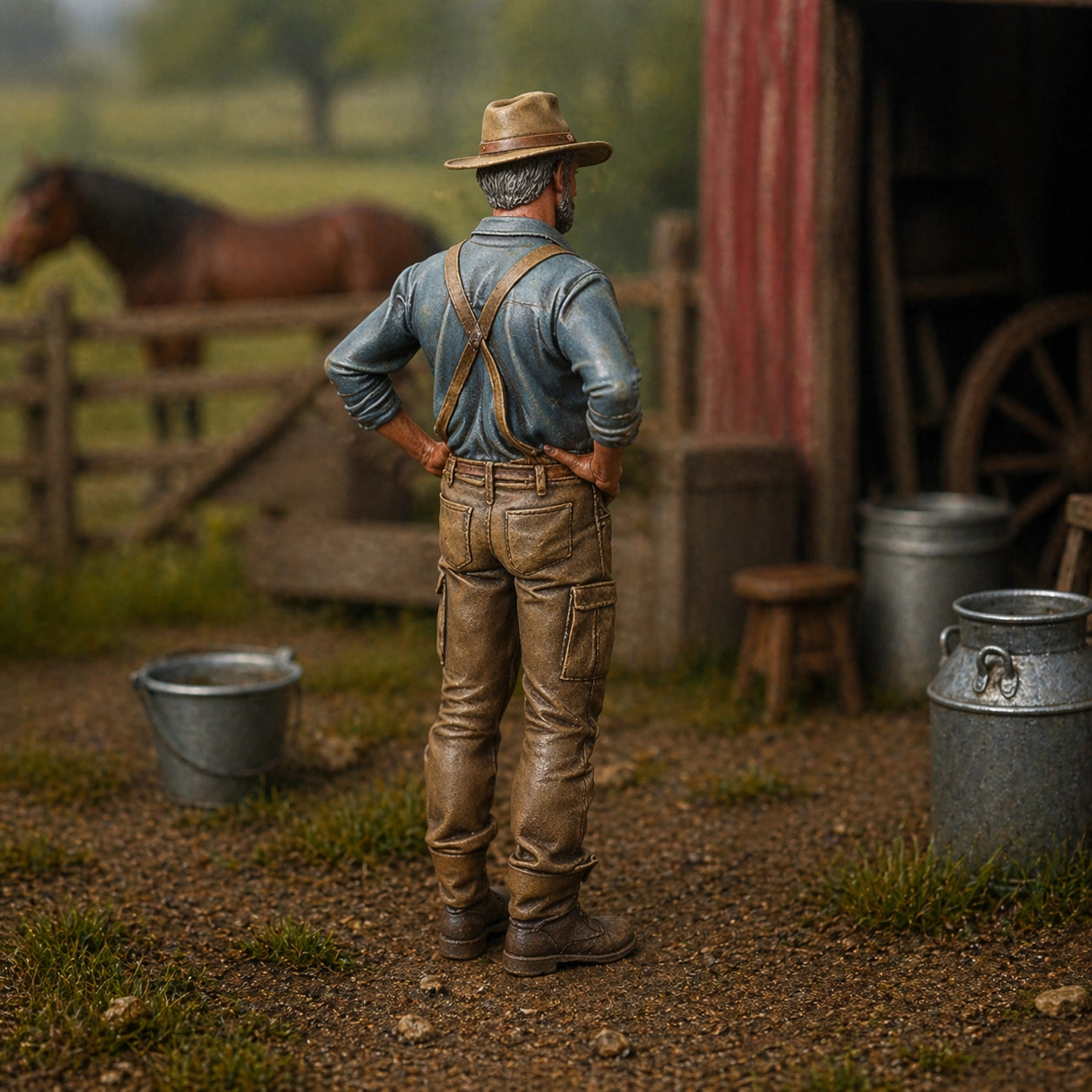 The Seasoned Stockman | Grey Resin Farm Diorama Figurine