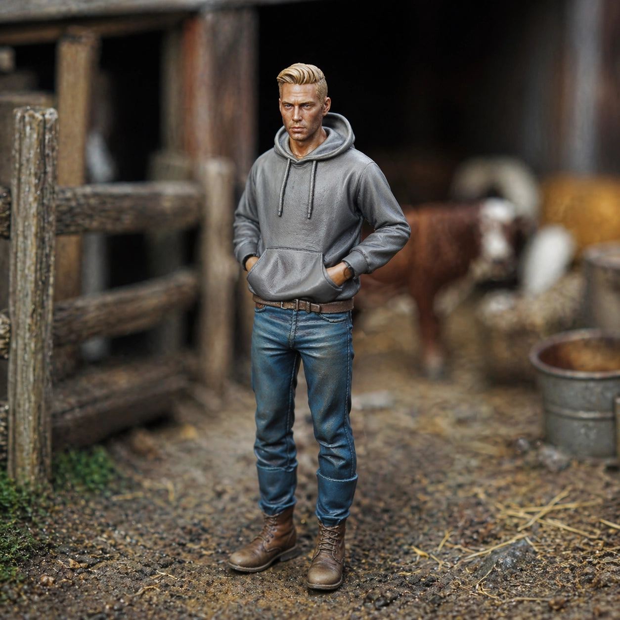 The Modern Male Farmhand | Grey Resin Farm Diorama Figurine