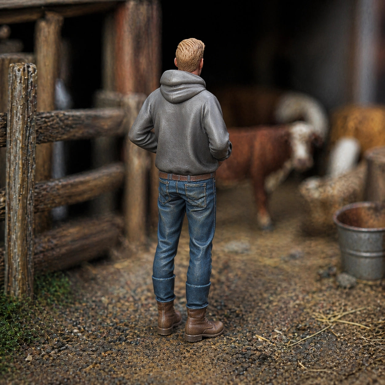 The Modern Male Farmhand | Grey Resin Farm Diorama Figurine
