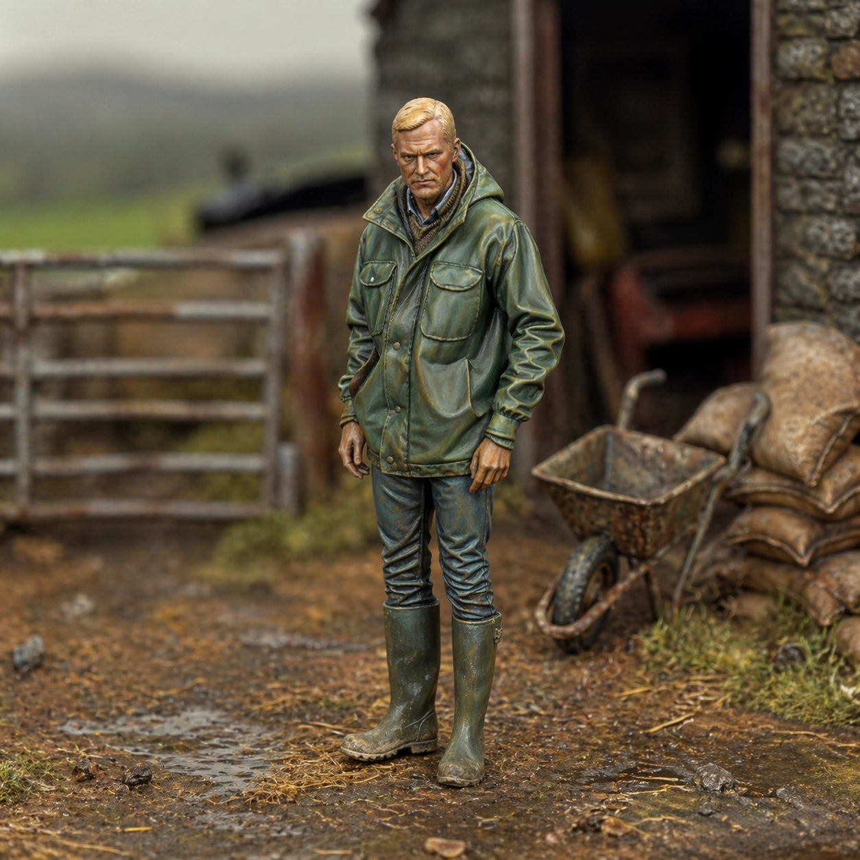 The Hill Farmer | Grey Resin Farm Diorama Figurine