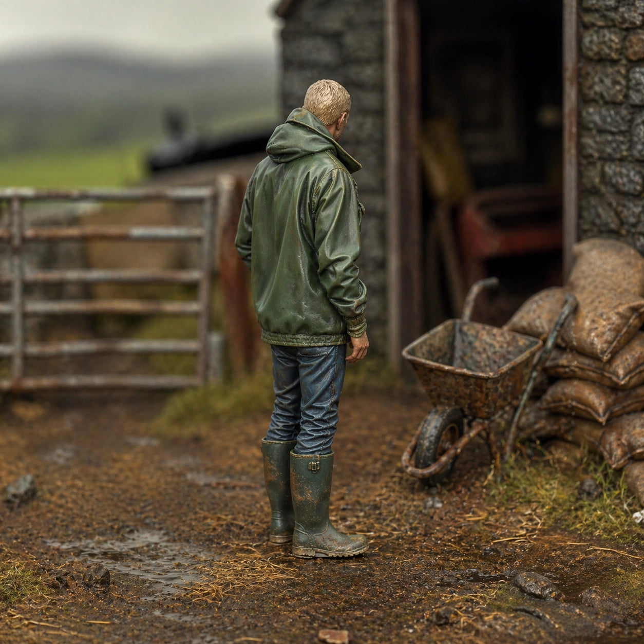 The Hill Farmer | Grey Resin Farm Diorama Figurine
