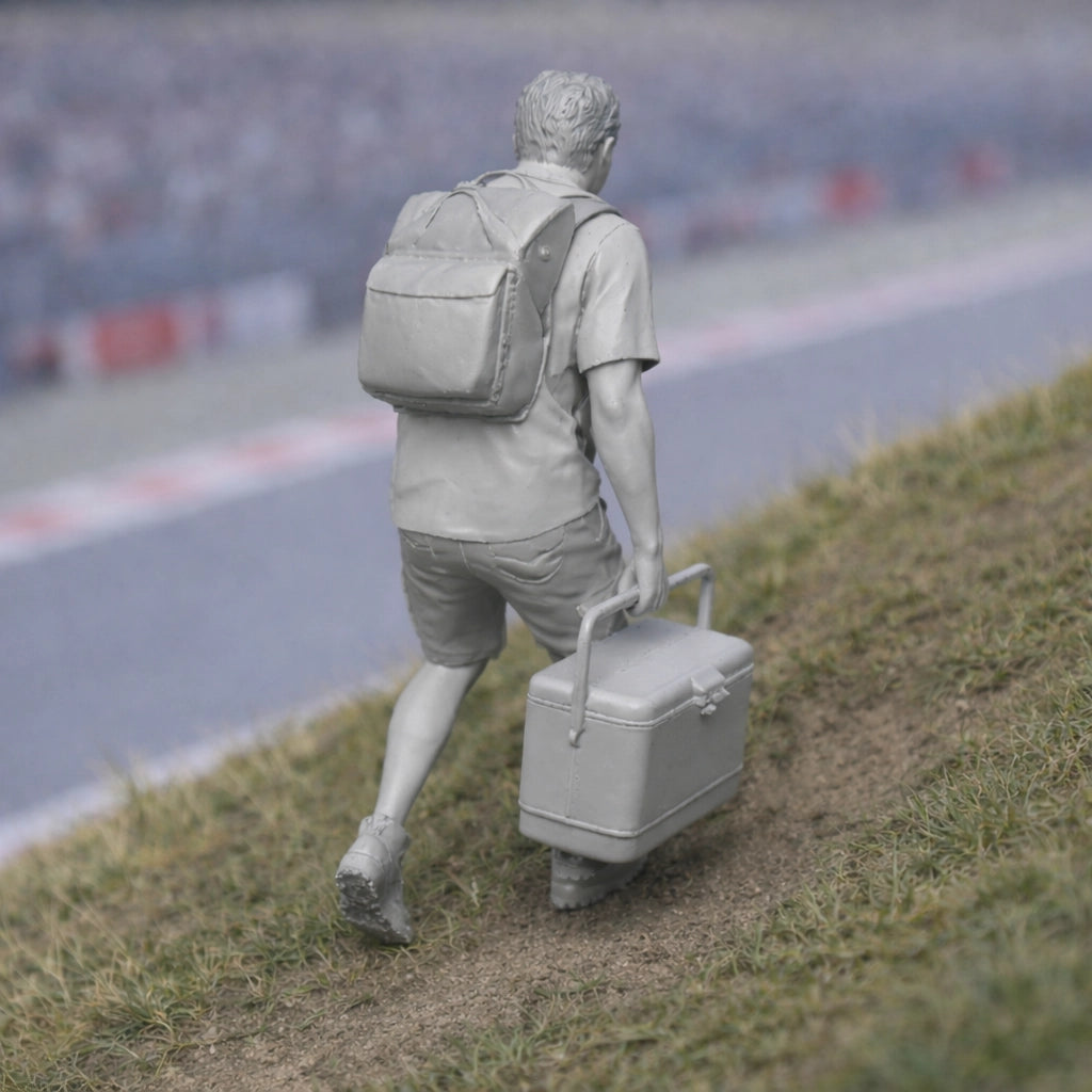 Die-Hard Spectator with Cool Box | Grey Resin Slot Car Diorama Figurine