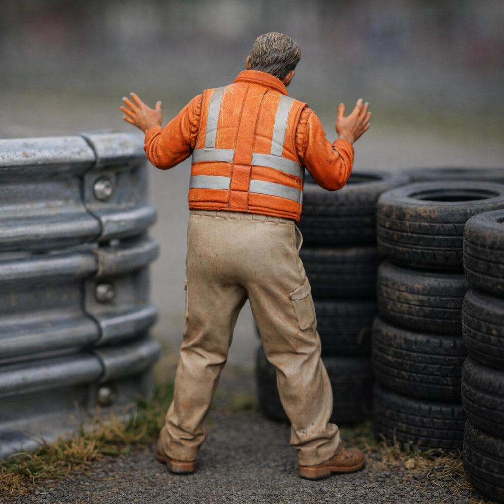 Panicked Race Marshal | Grey Resin Slot Car Diorama Figurine