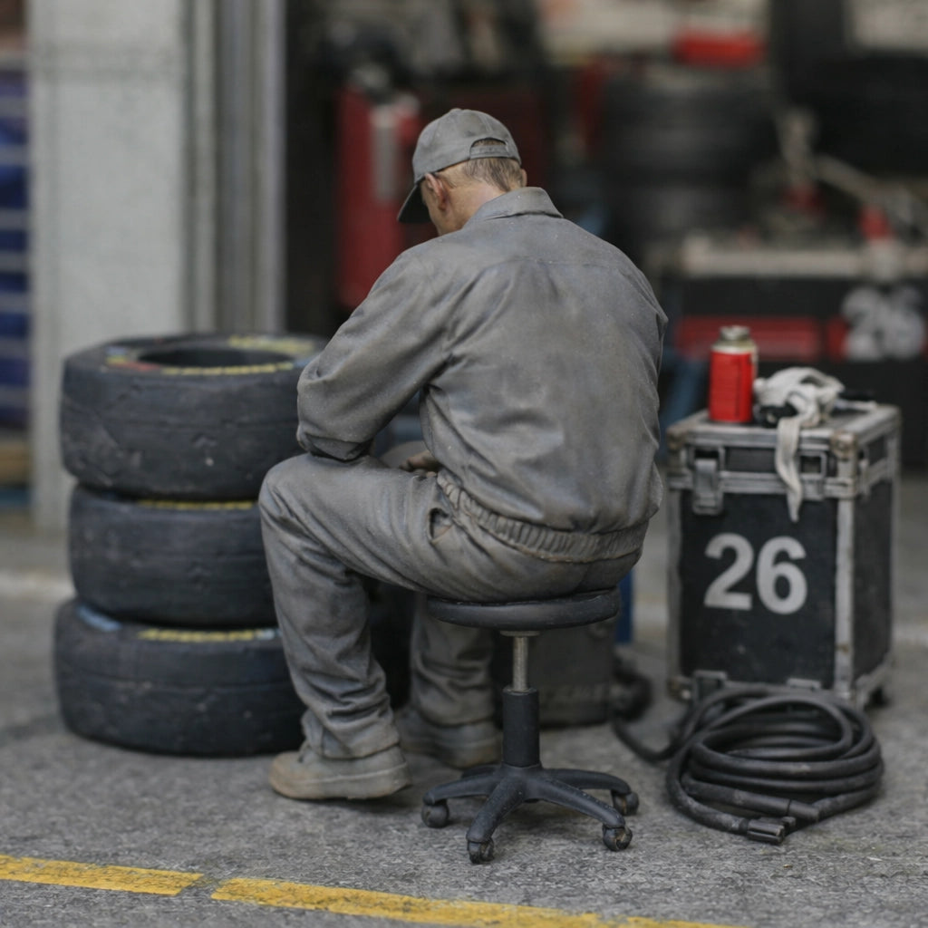 Exhausted Pit Crew Mechanic | Grey Resin Slot Car Diorama Figurine