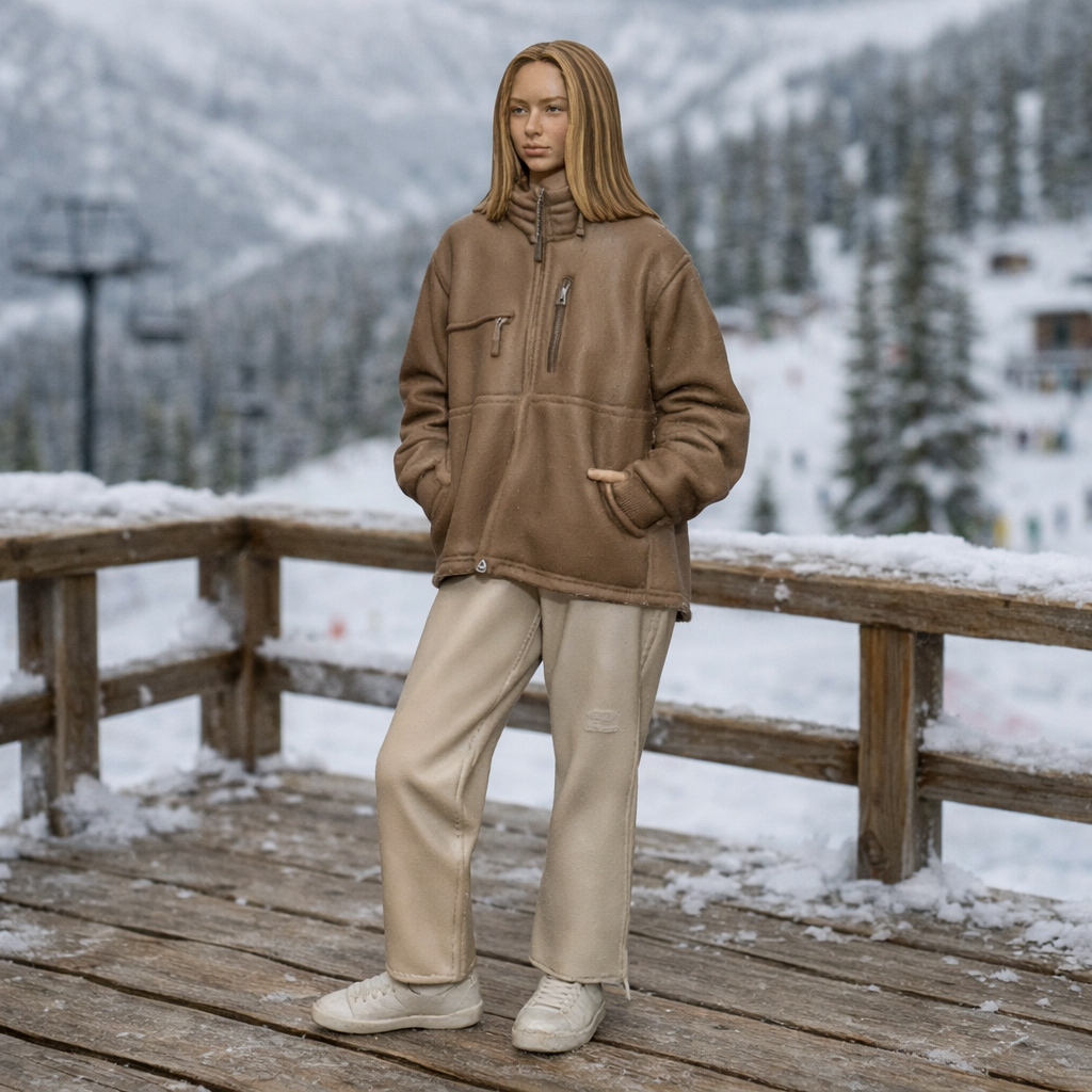 Chic Après-Ski Tourist in Sherpa Fleece & Trousers | Resin Figurine