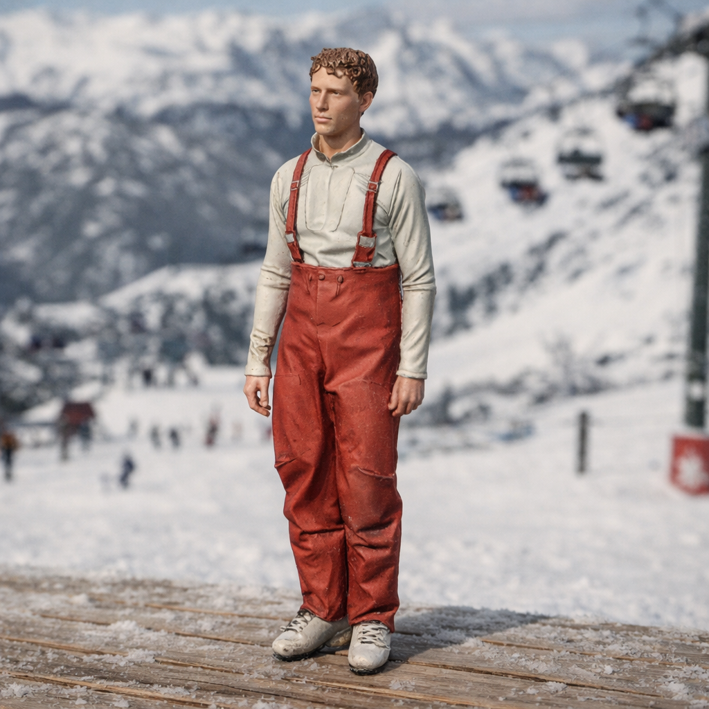 Vintage Alpine Skier in High-Waisted Salopettes | Resin Figurine