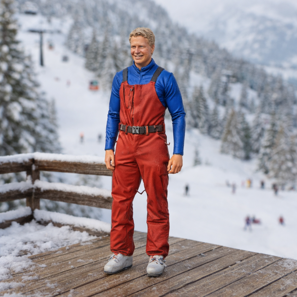 Retro High-Altitude Skier in Belted Salopettes | Resin Figurine