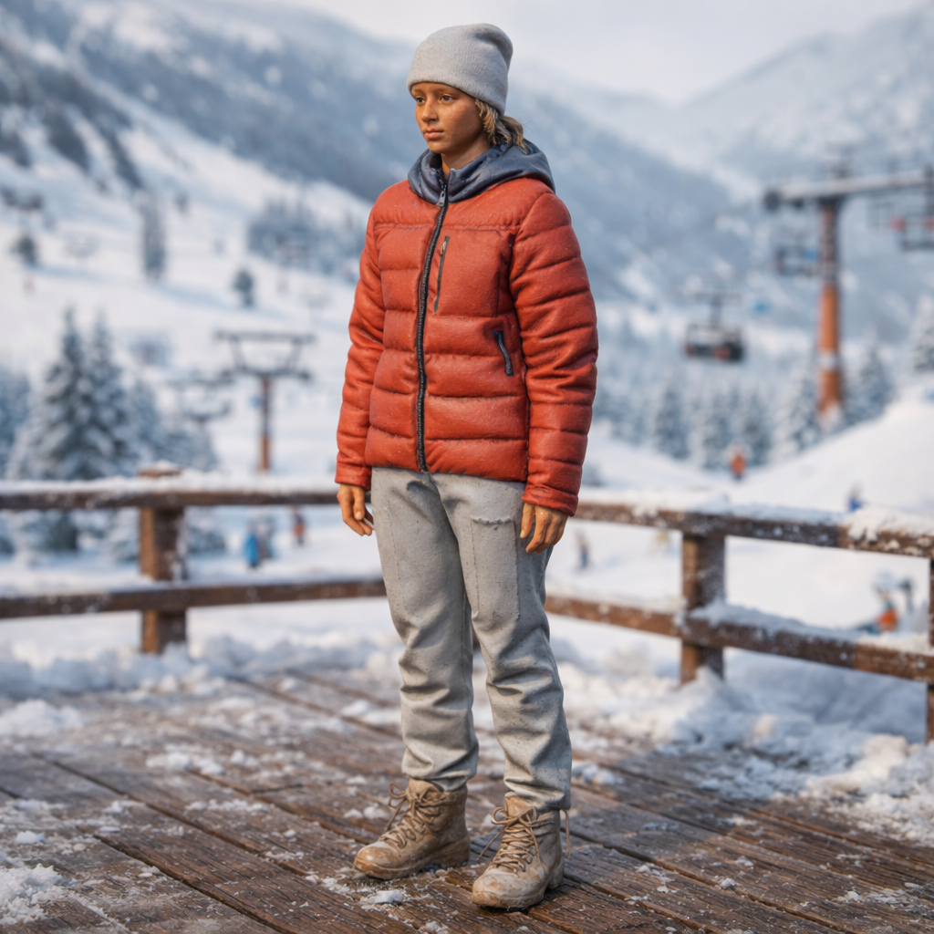Contemporary Alpine Trekker in Insulated Puffer Jacket | Resin Figurine