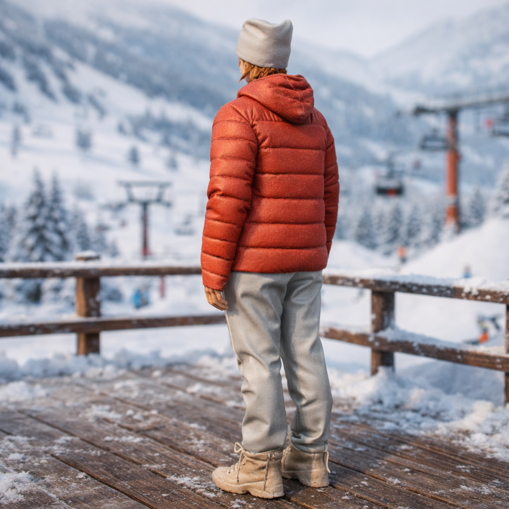 Contemporary Alpine Trekker in Insulated Puffer Jacket | Resin Figurine