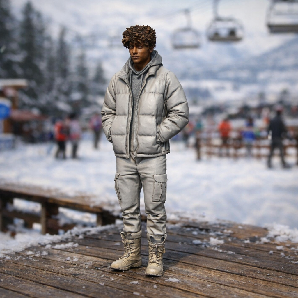 Alpine Traveller in Padded Puffer & Cargo Pants | Resin Figurine