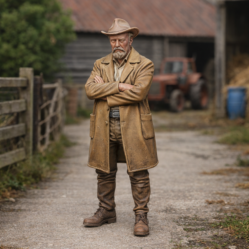 Heritage Farmhand in Waxed Duster & Akubra Hat | Scale Resin Farm Diorama Figurine