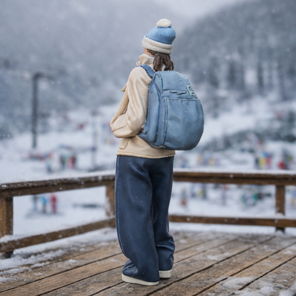 Cosy Alpine Explorer in Oversized Fleece & Wide-Leg Trousers | Resin Figurine