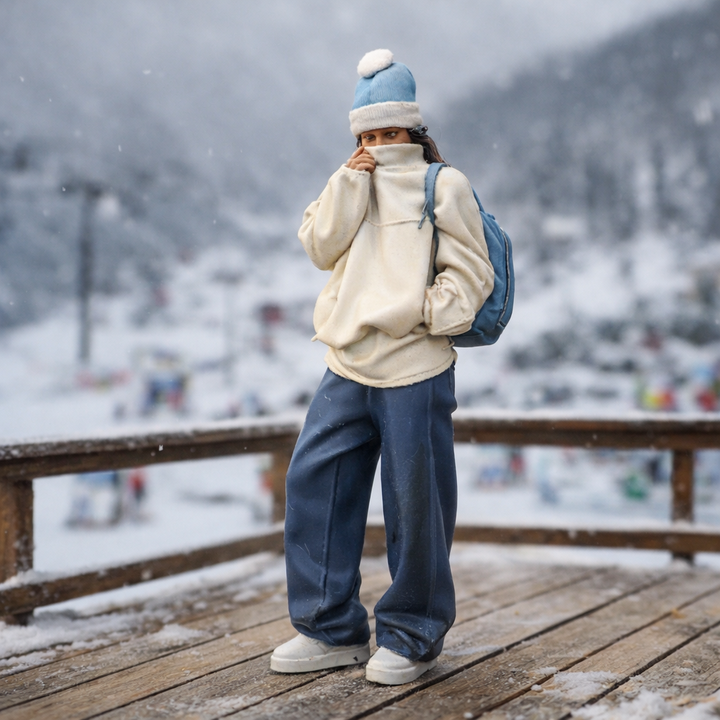 Cosy Alpine Explorer in Oversized Fleece & Wide-Leg Trousers | Resin Figurine