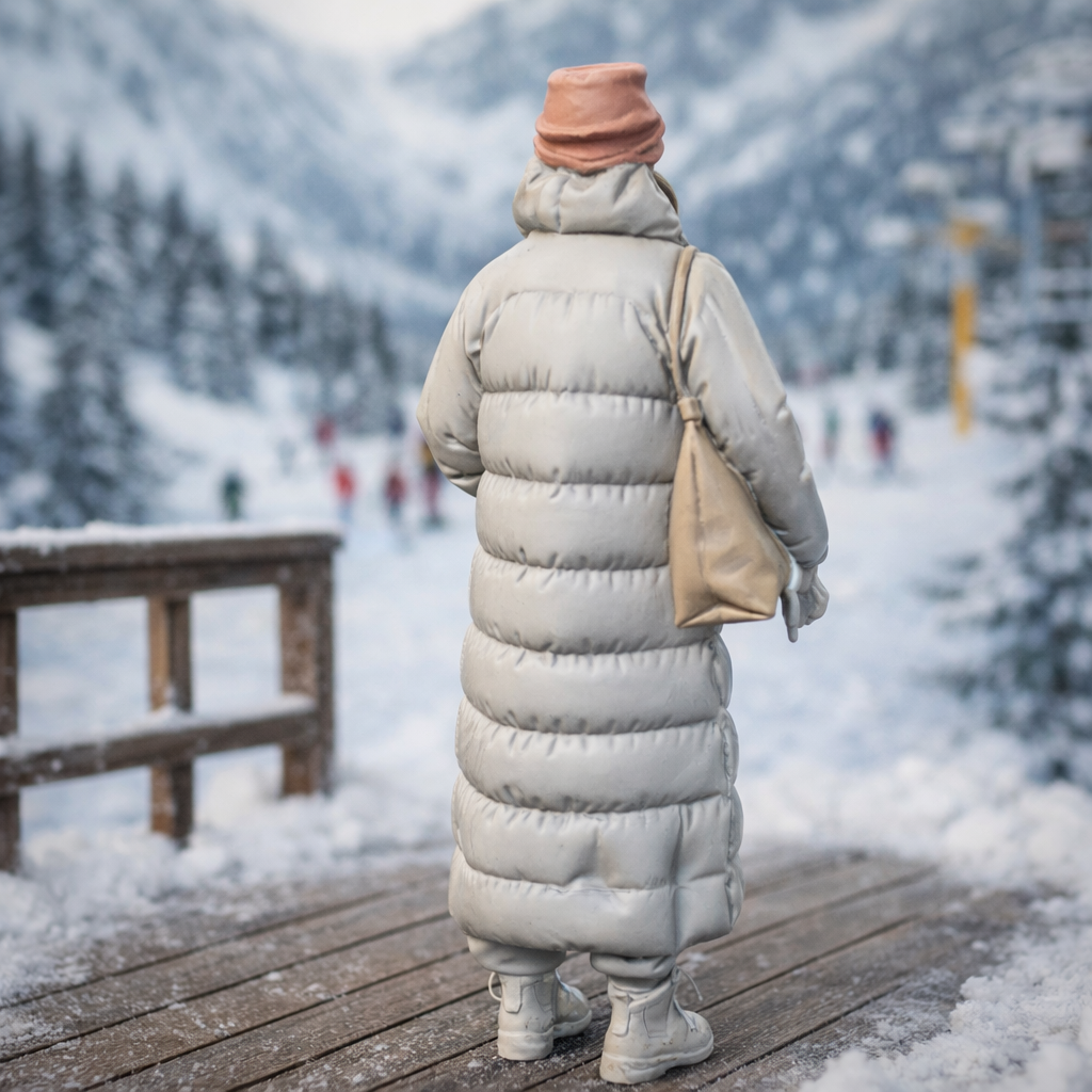 High-Altitude Minimalist in Maxi Puffer & Face Wrap | Resin Figurine