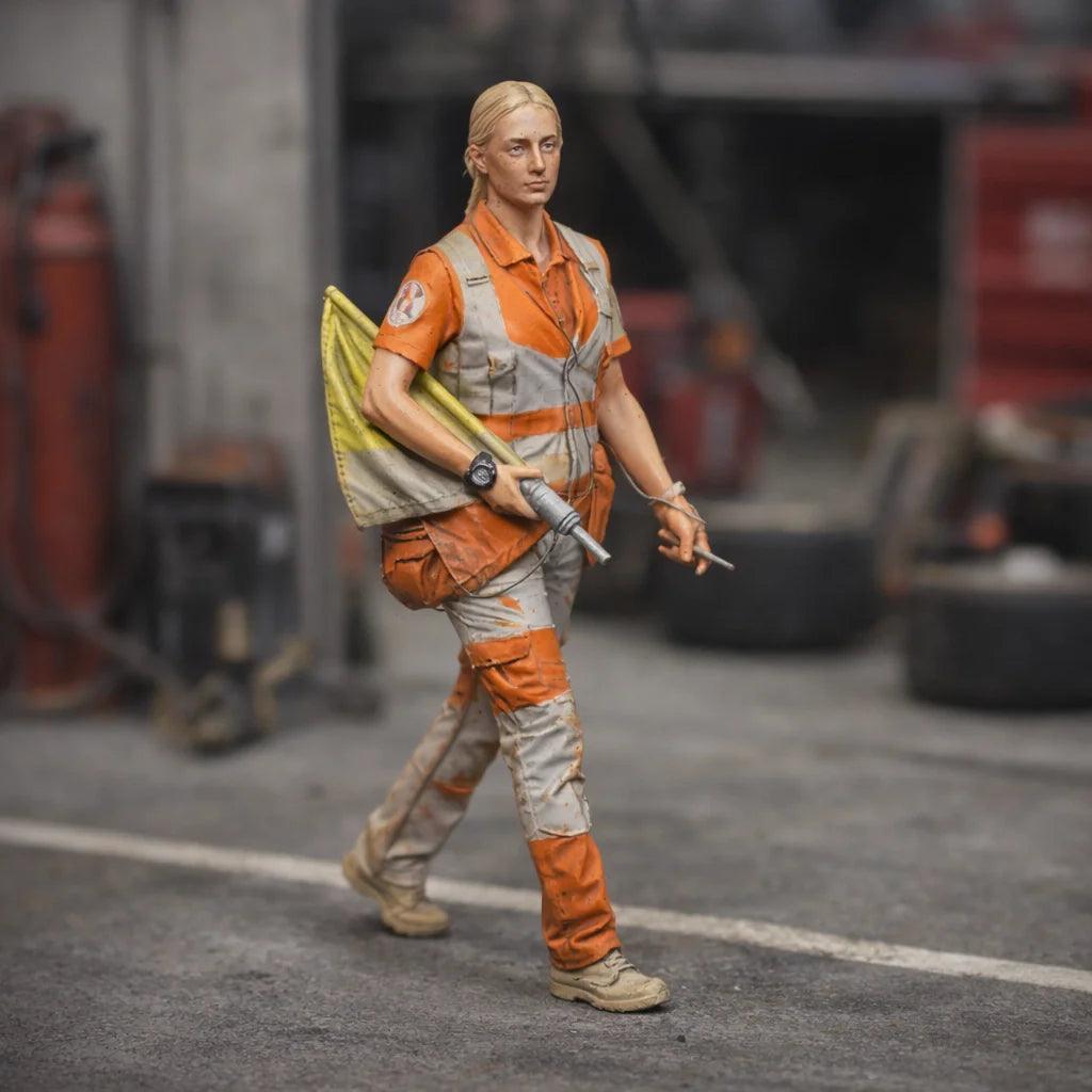 Professional Trackside Marshal in High-Visibility Safety Gear | Scale Resin Slot Car Diorama Figurine