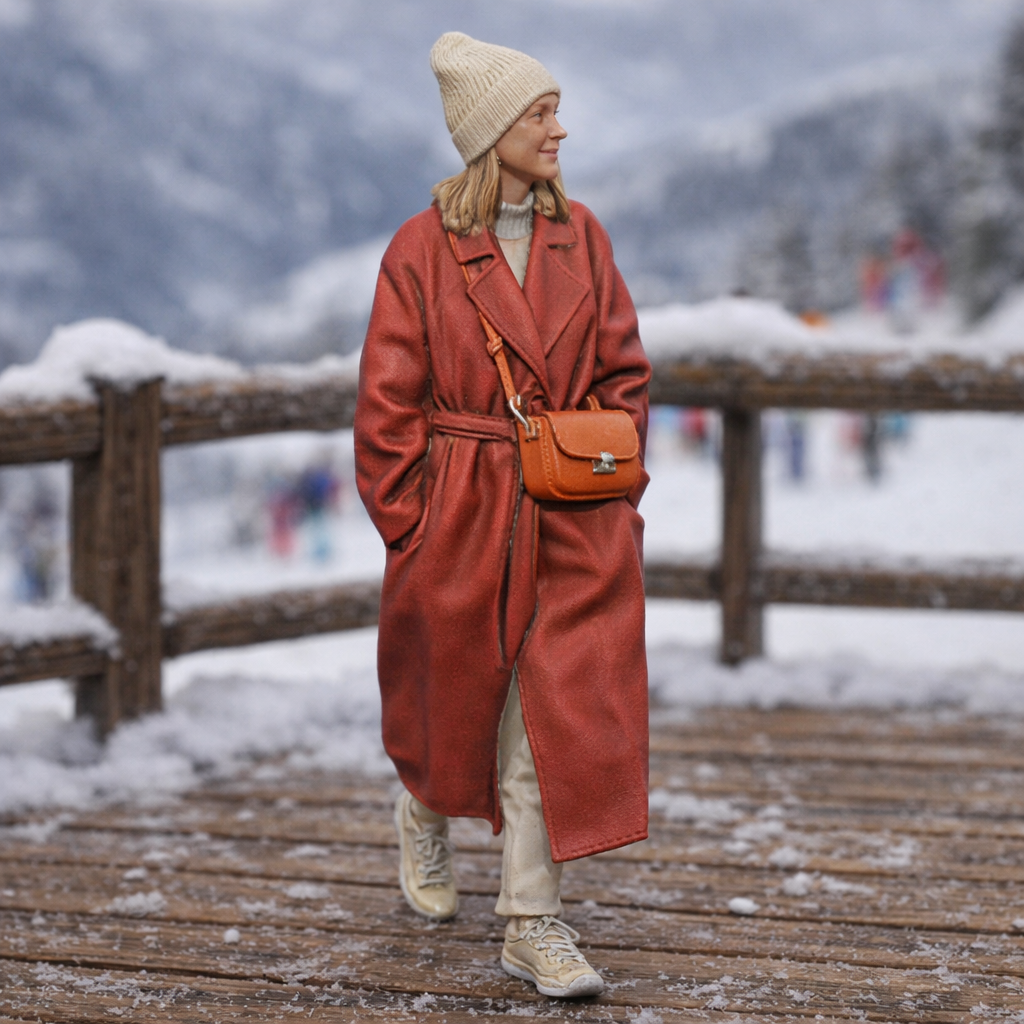 High-Fashion Tourist in Belted Maxi Coat | Resin Figurine