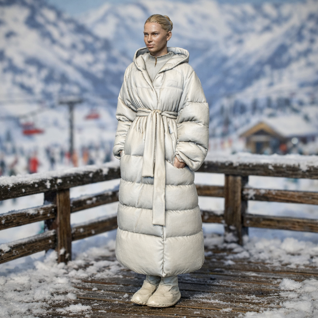 High-Fashion Tourist in Belted Maxi Puffer Coat | Resin Figurine