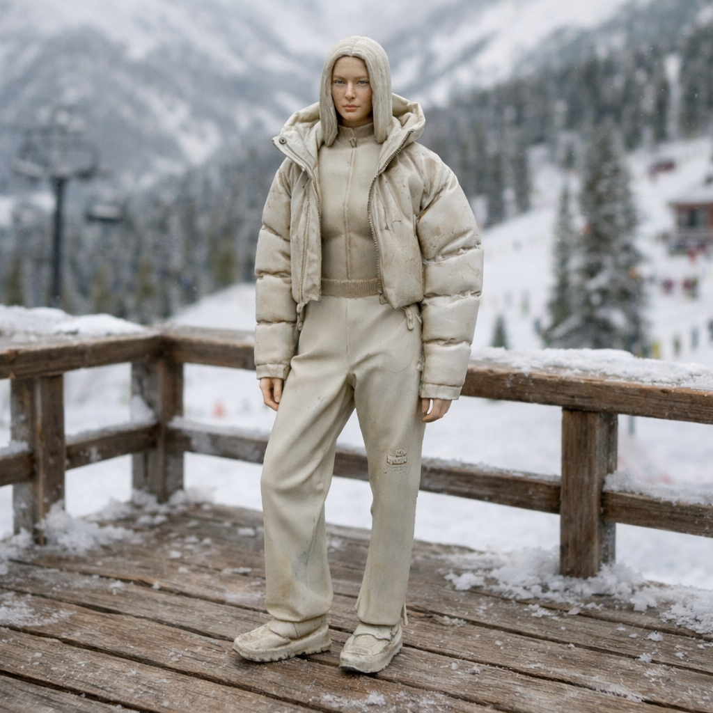 Hooded Winter Tourist in Puffer & Tracksuit | Resin Figurine