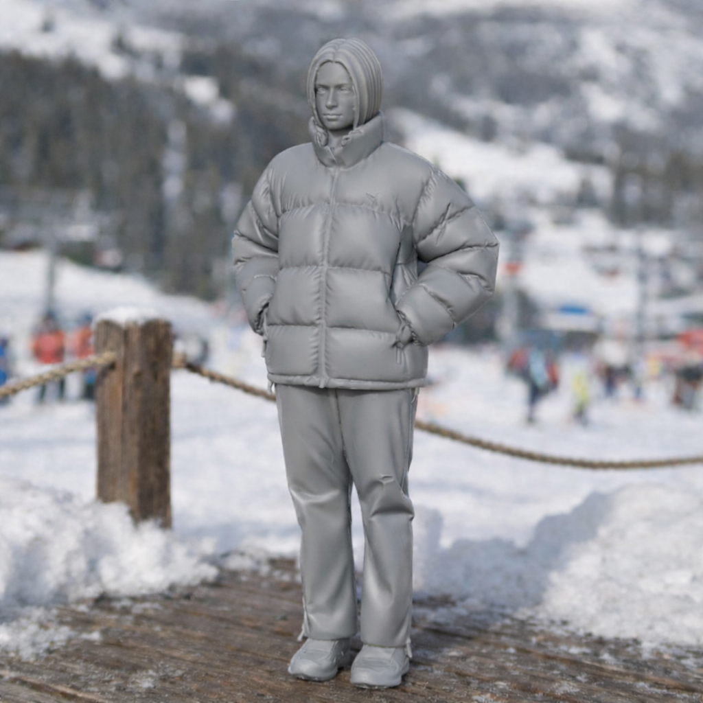 Minimalist Winter Chic in Puffer Jacket & Trousers | Resin Figurine