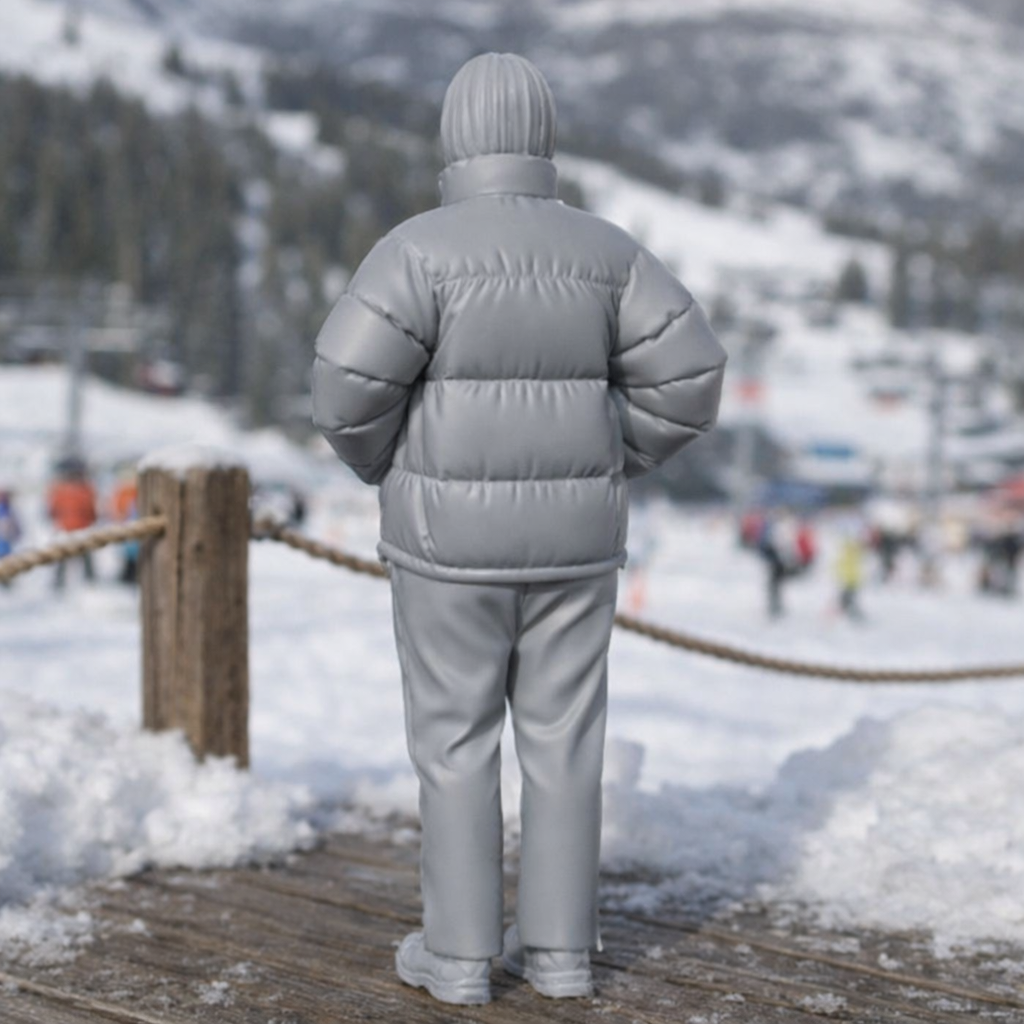Minimalist Winter Chic in Puffer Jacket & Trousers | Resin Figurine