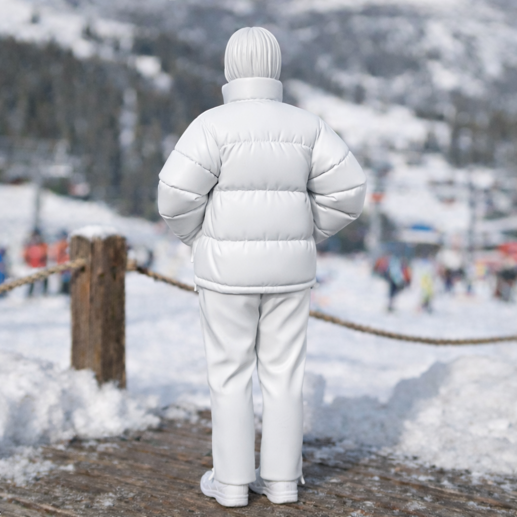 Minimalist Winter Chic in Puffer Jacket & Trousers | Resin Figurine