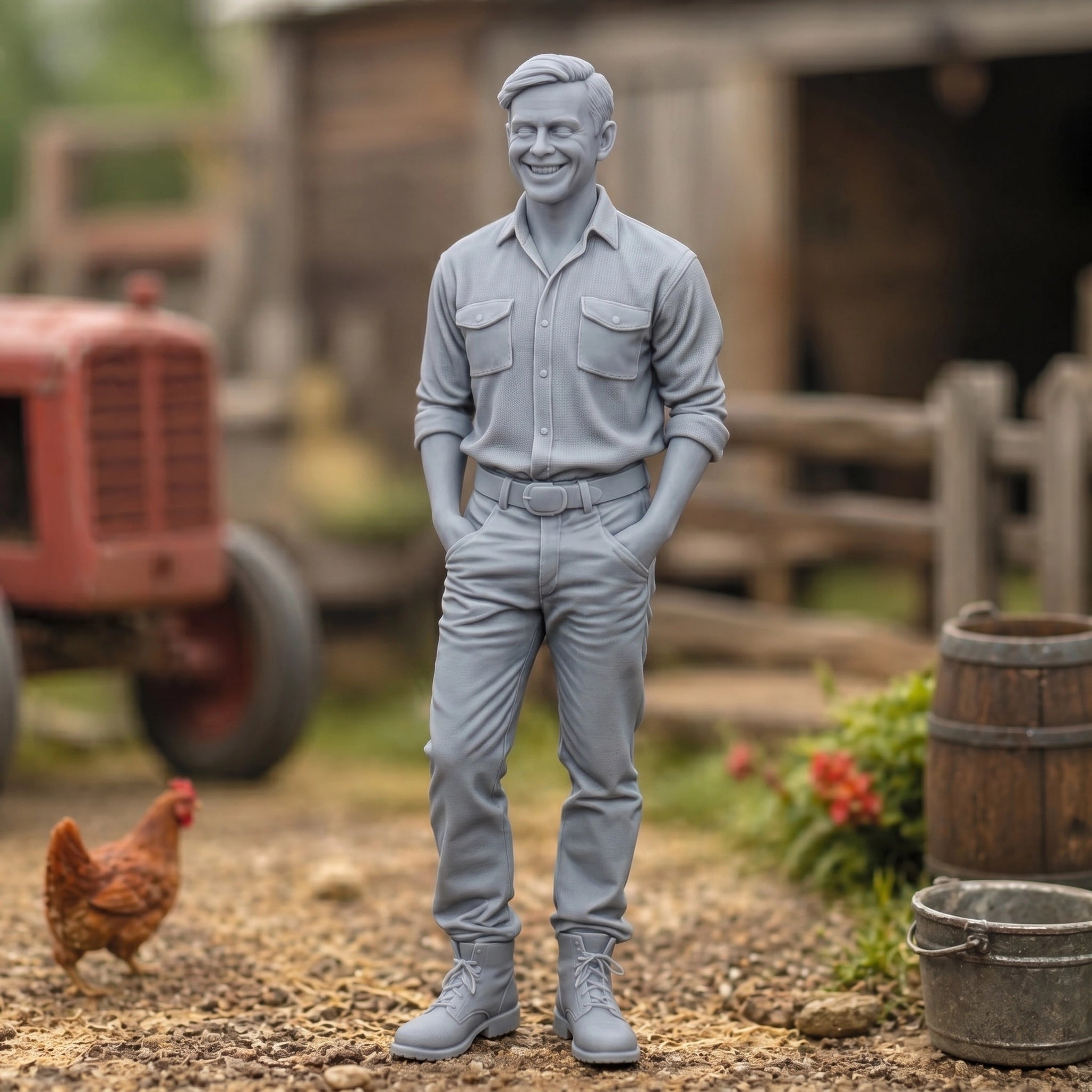 The Jovial Farmhand | Grey Resin Farm Diorama Figurine