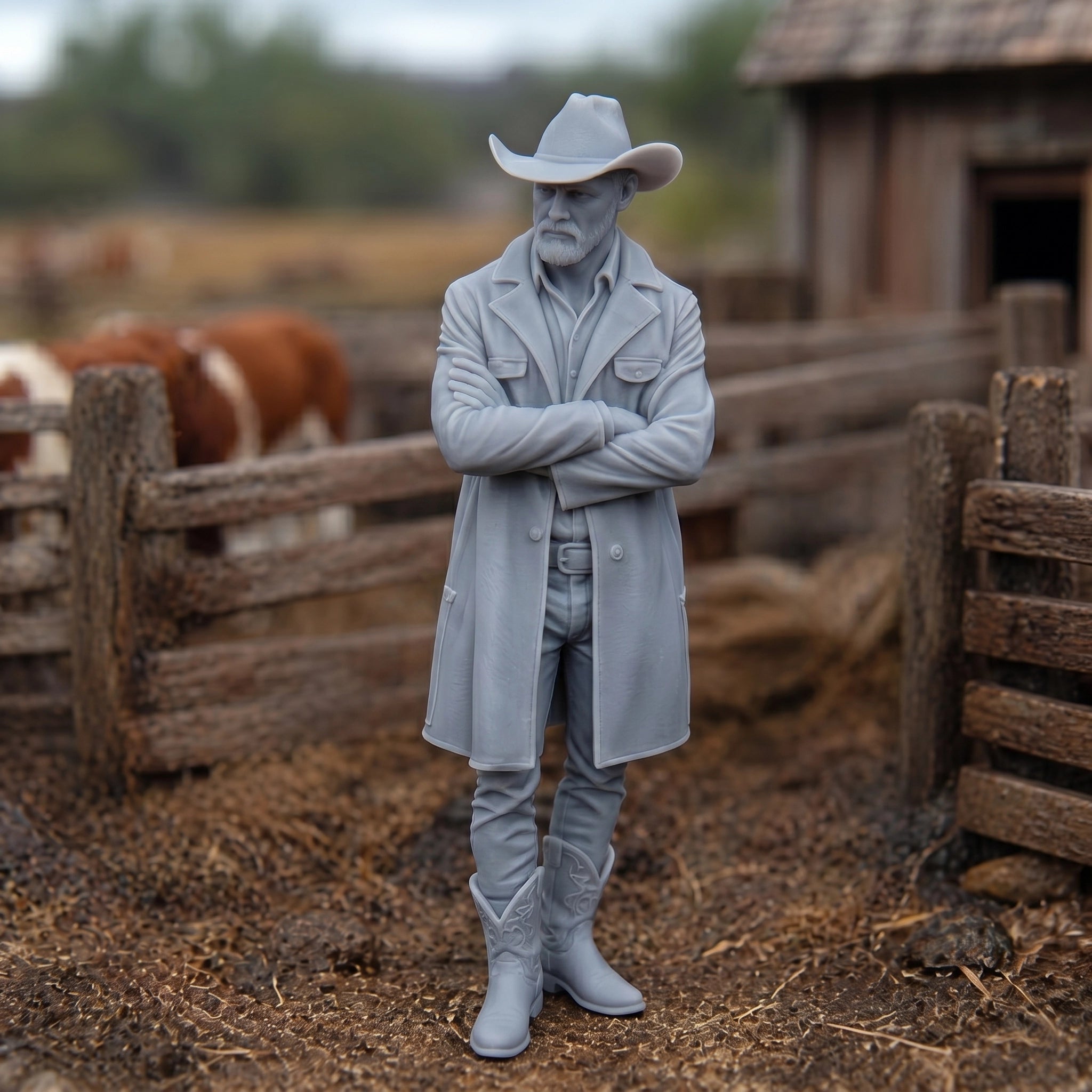 The Cattle Rancher | Grey Resin Farm Diorama Figurine