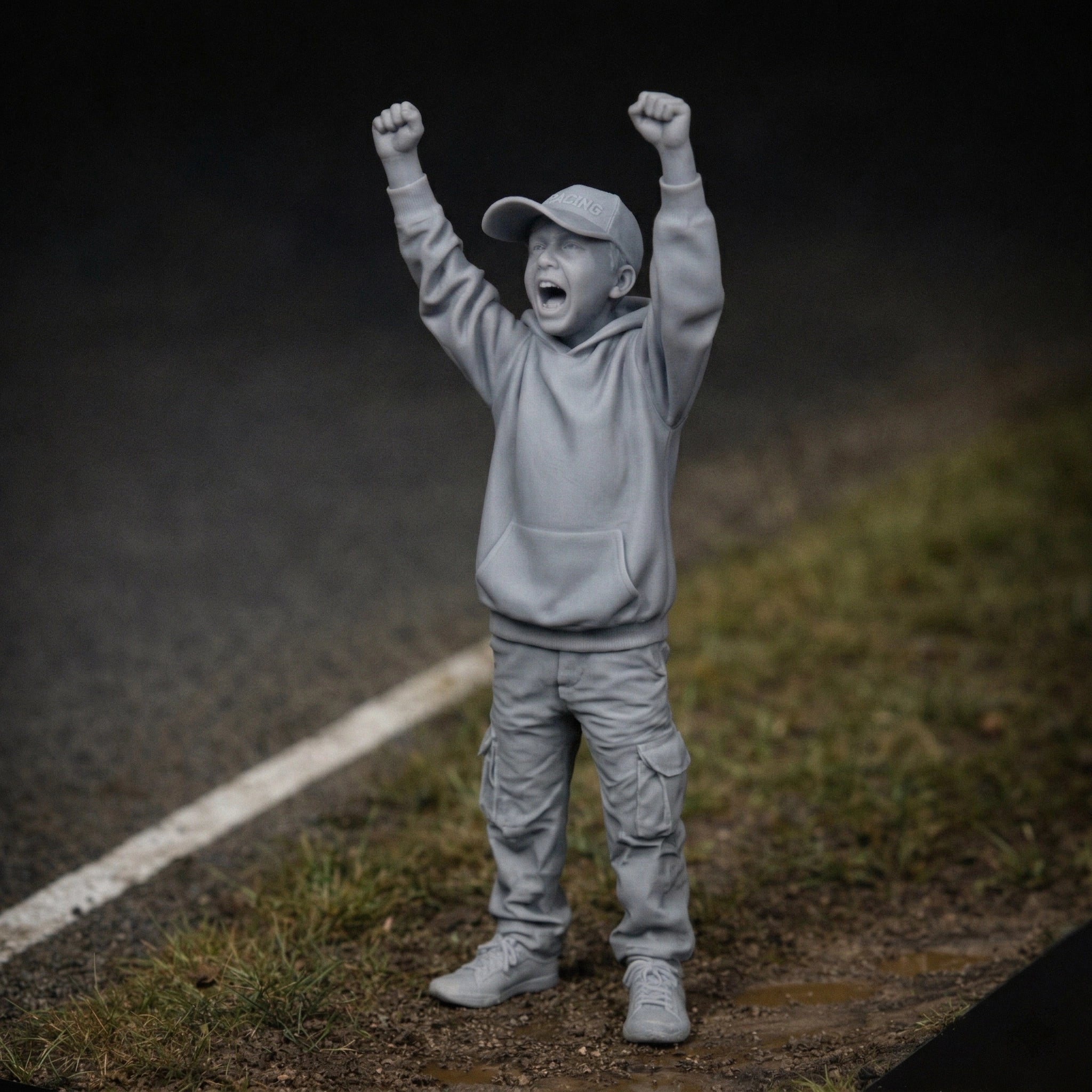 Excitable Young Racing Fan | Grey Resin Diorama Figurine