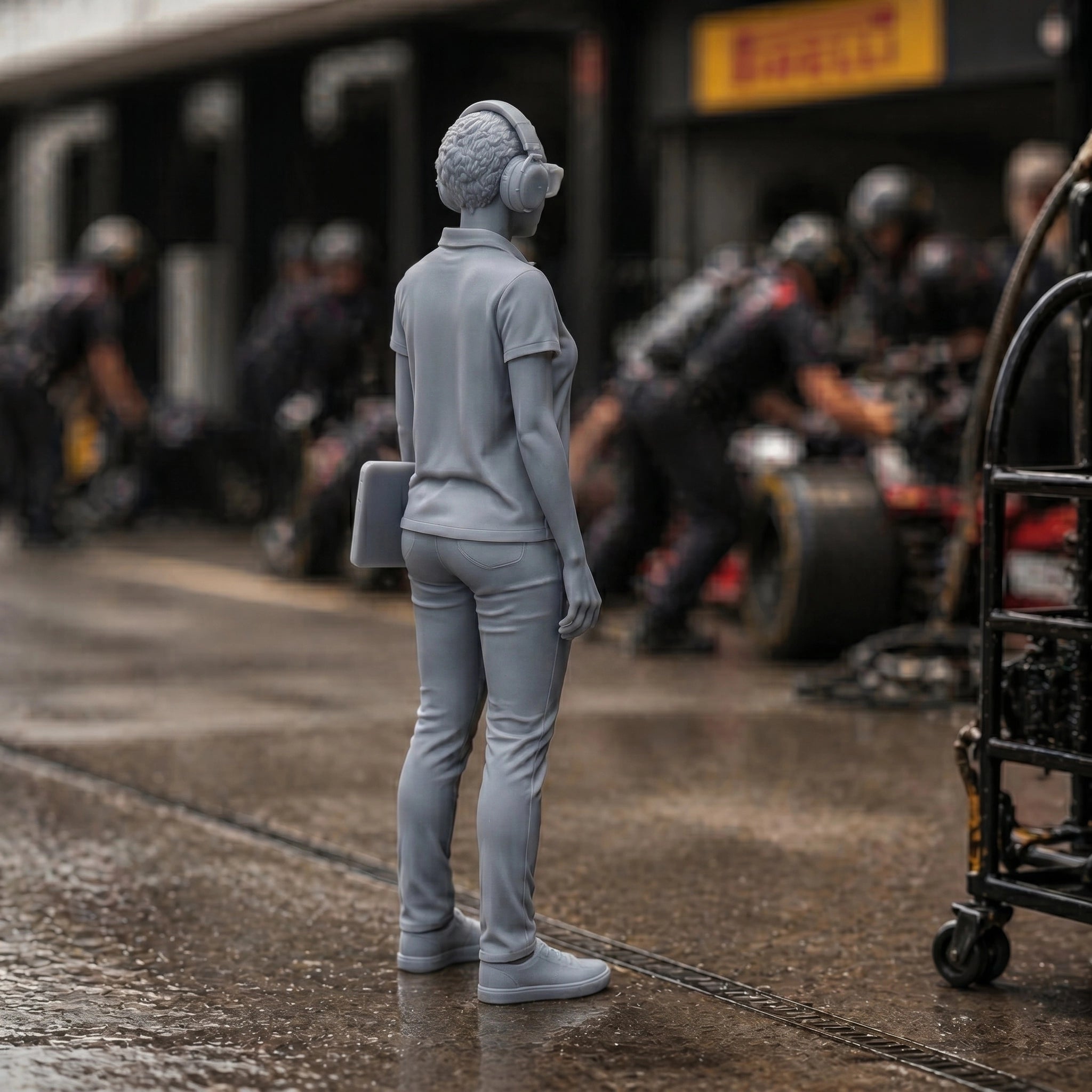 The Race Telemetry Engineer | Grey Resin Slot Car Diorama Figurine