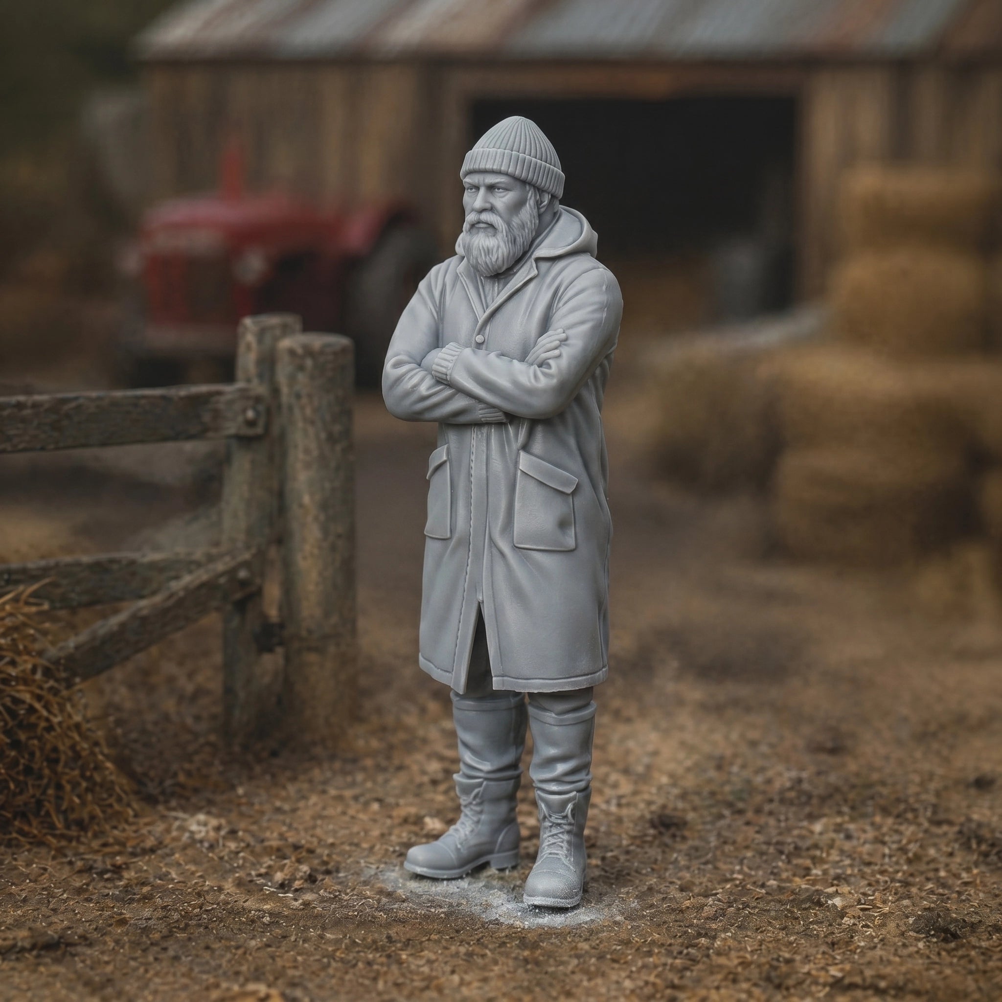 Winter Farmhand | Grey Resin Farm Diorama Figurine