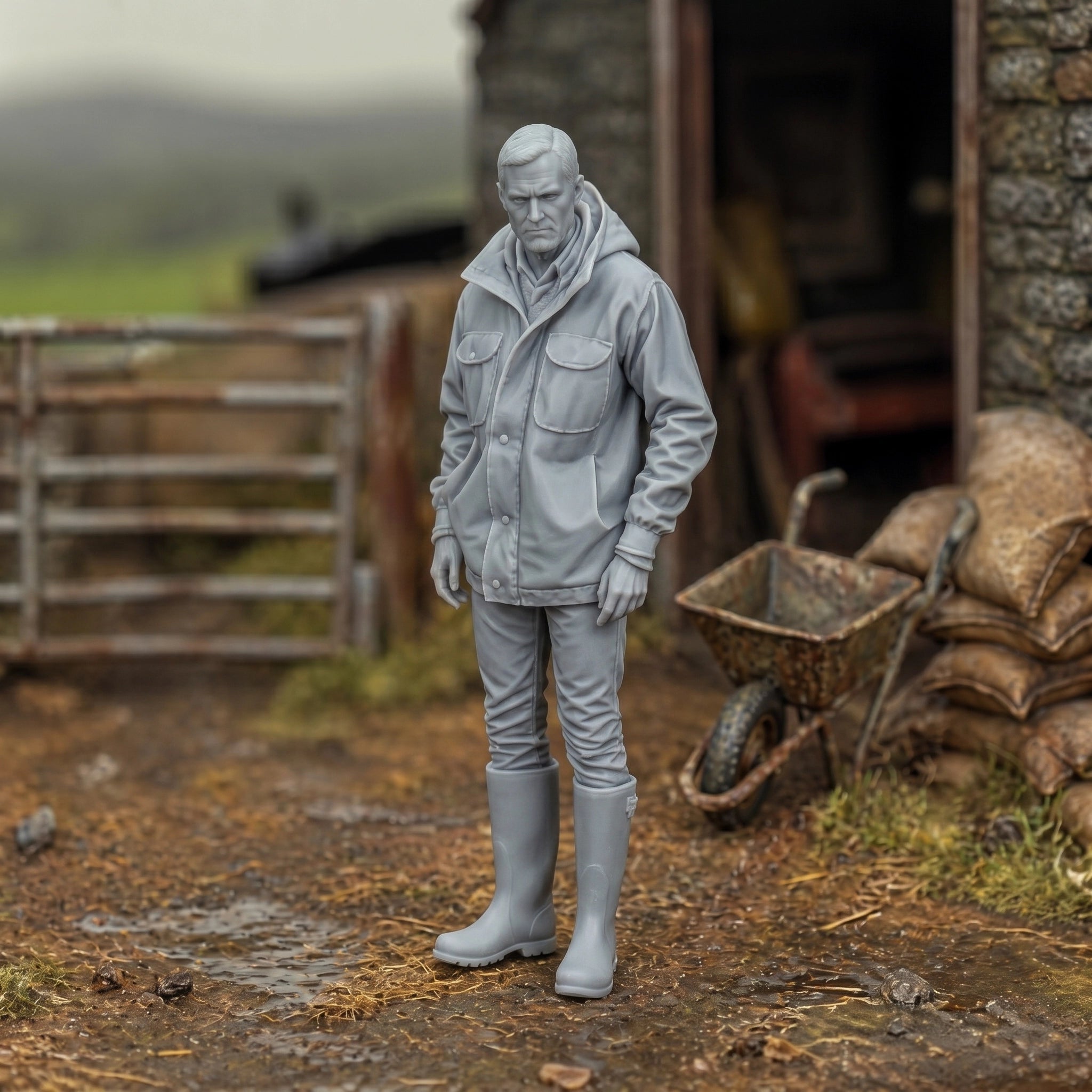 The Hill Farmer | Grey Resin Farm Diorama Figurine