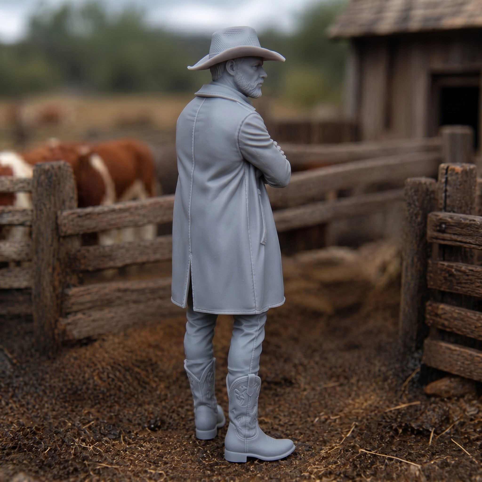 The Cattle Rancher | Grey Resin Farm Diorama Figurine