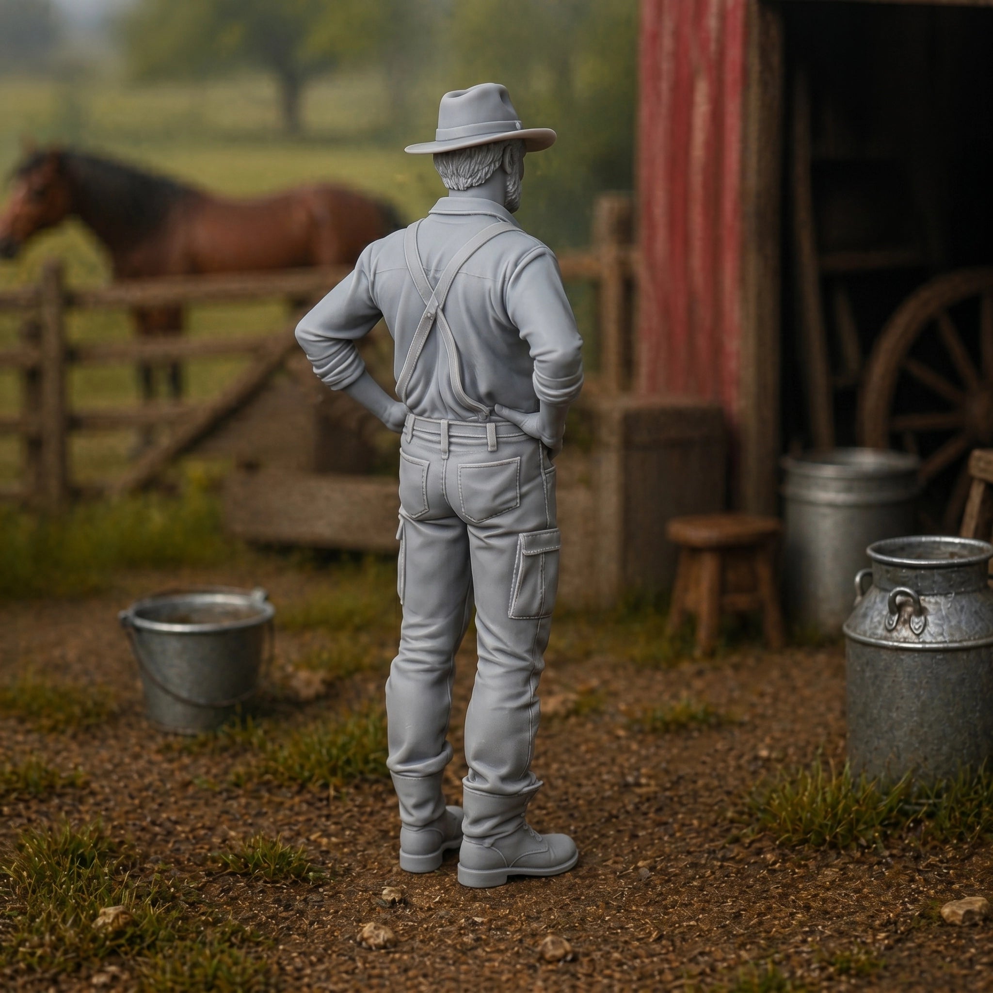 The Seasoned Stockman | Grey Resin Farm Diorama Figurine