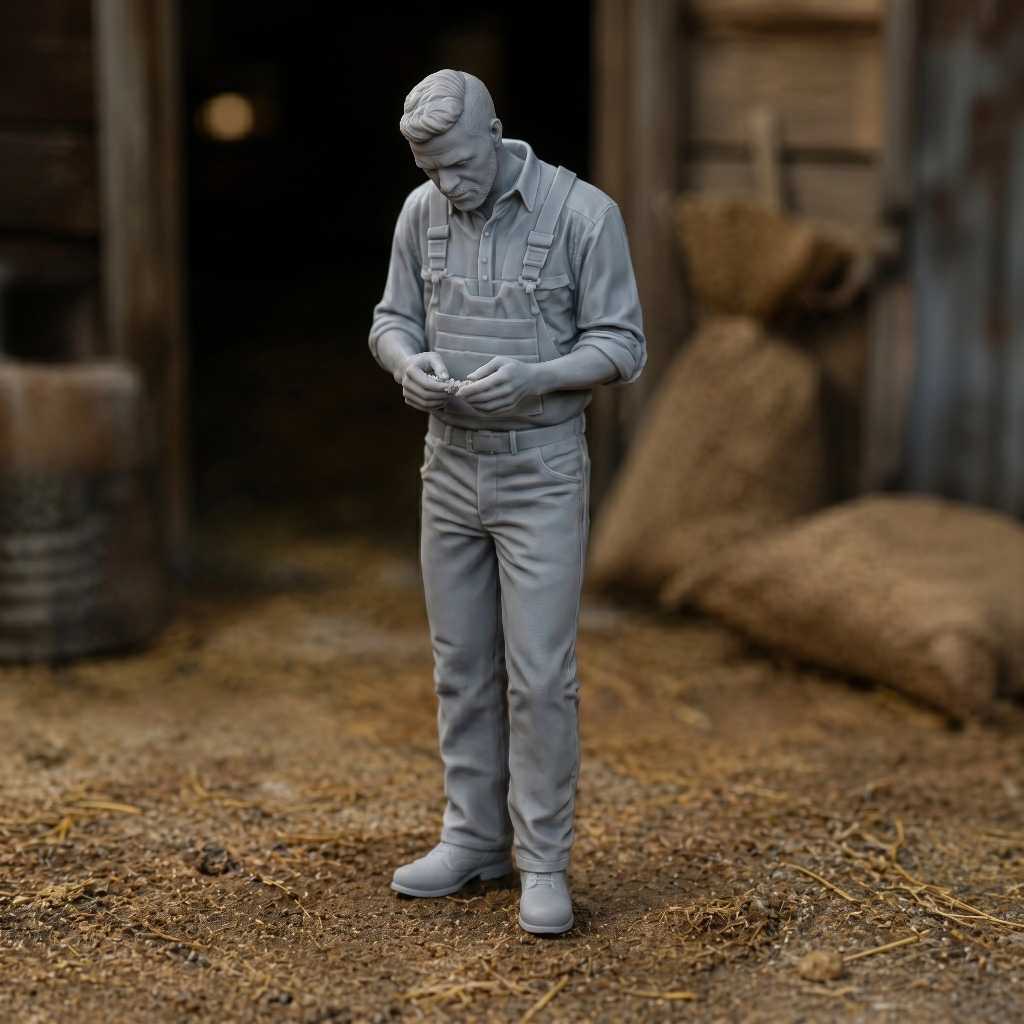 The Grain Inspector | Grey Resin Farm Diorama Figurine