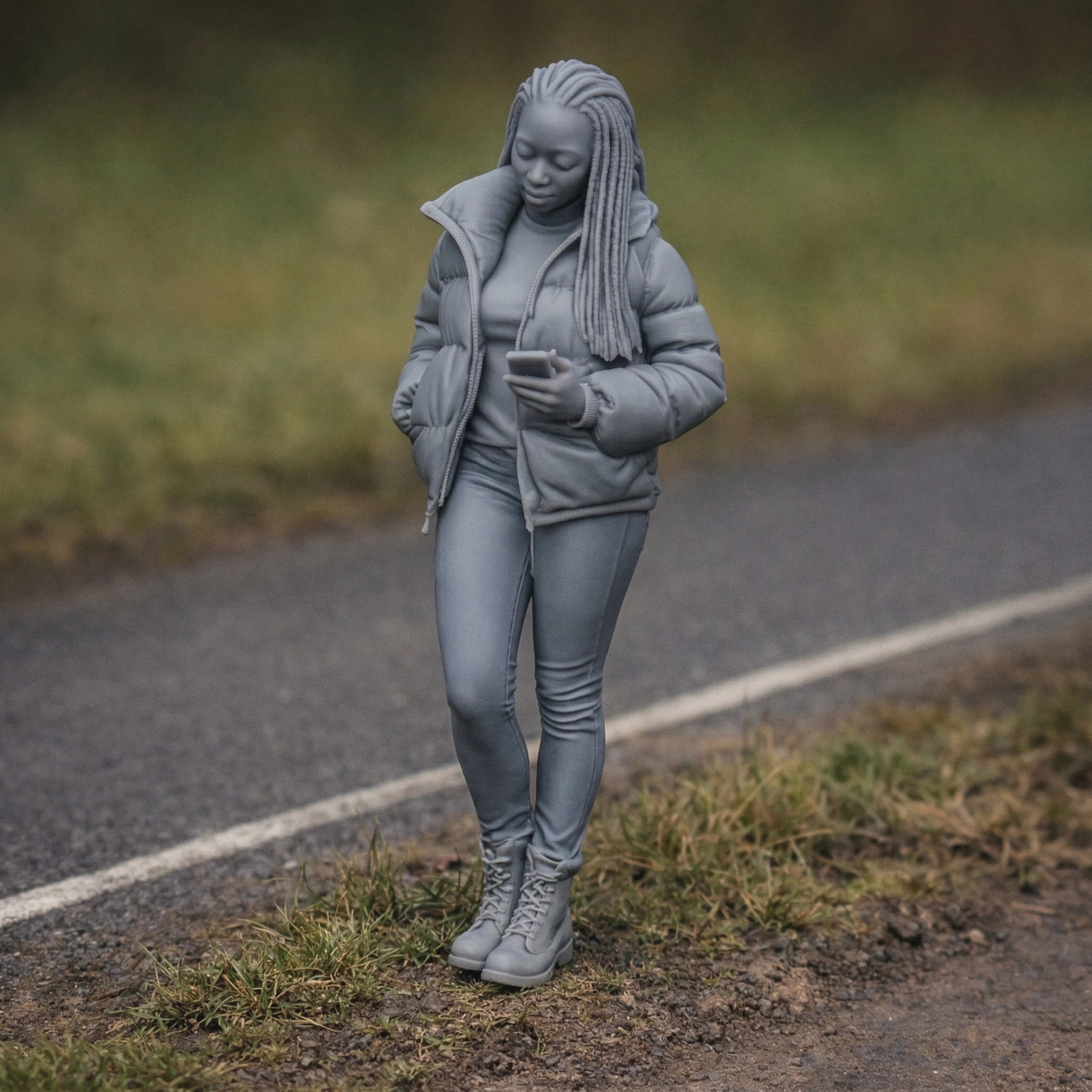 Roadside Spectator with Smartphone | Grey Resin Diorama Figurine