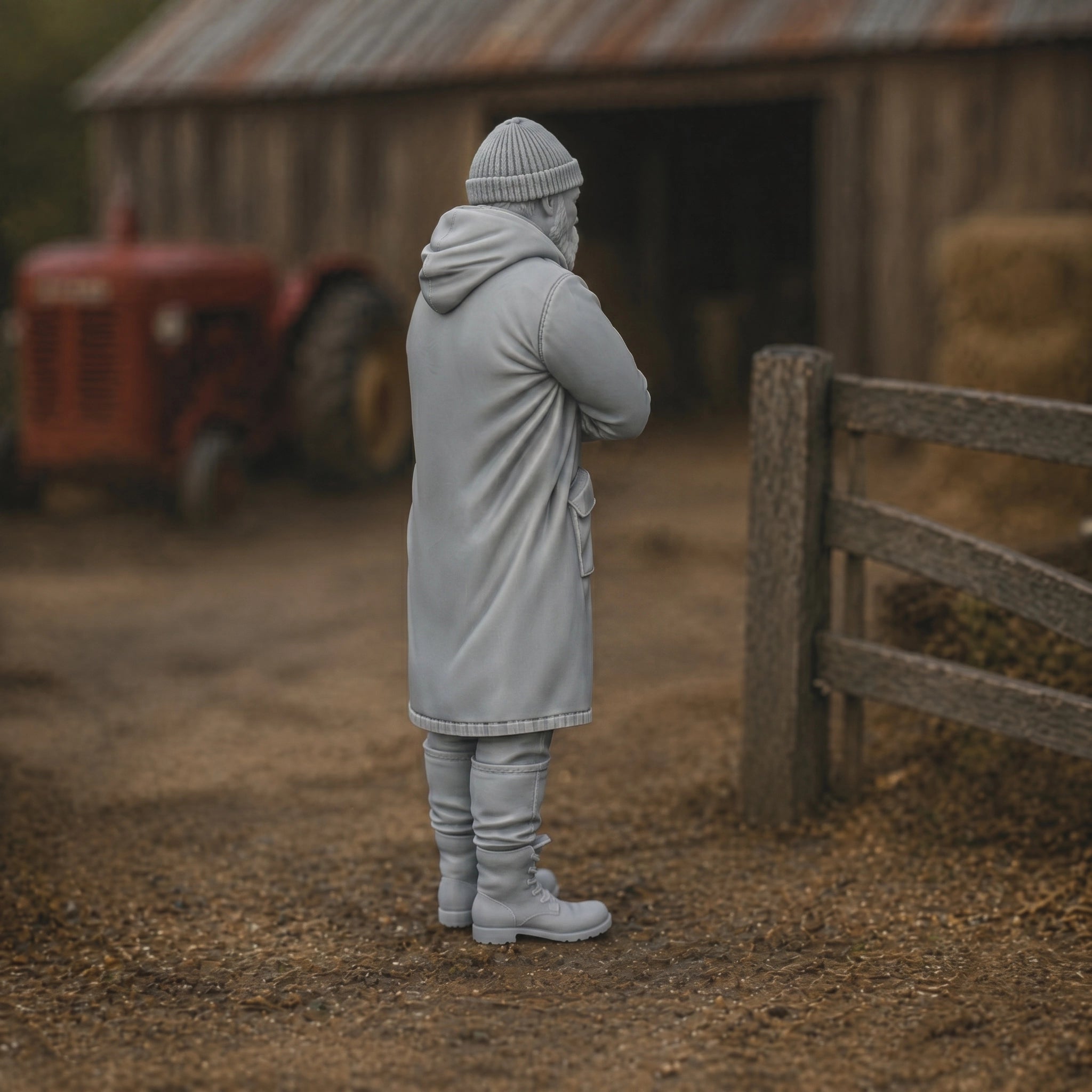 Winter Farmhand | Grey Resin Farm Diorama Figurine