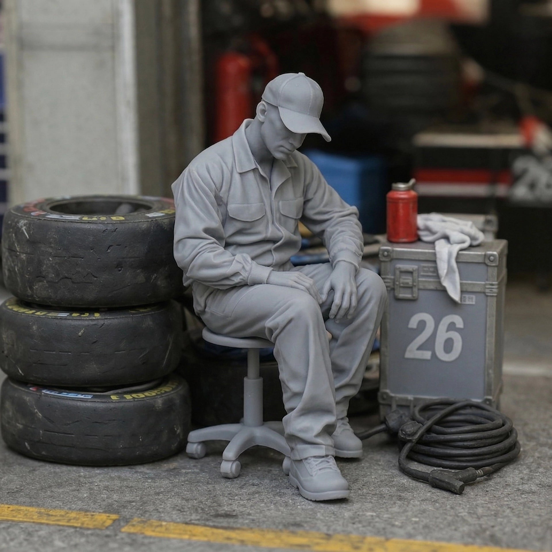 Exhausted Pit Crew Mechanic | Grey Resin Slot Car Diorama Figurine