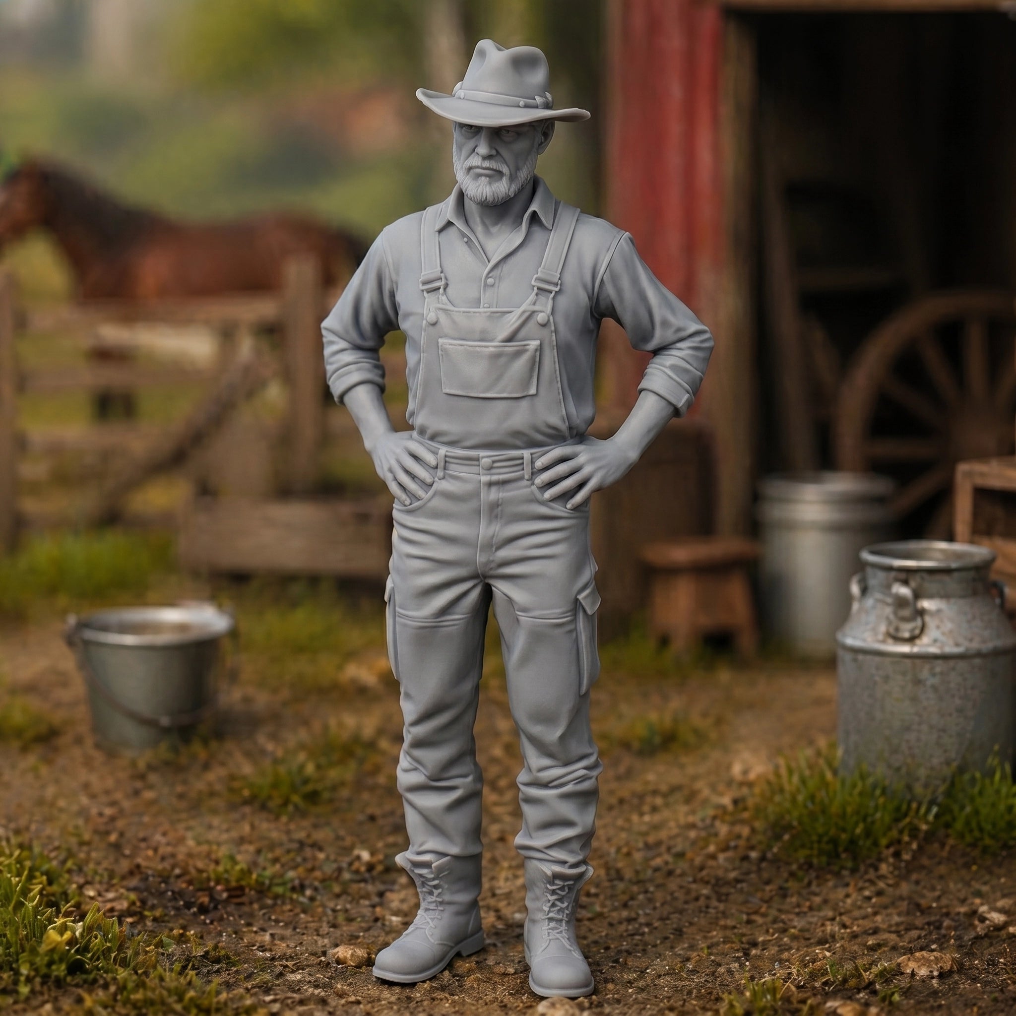 The Seasoned Stockman | Grey Resin Farm Diorama Figurine