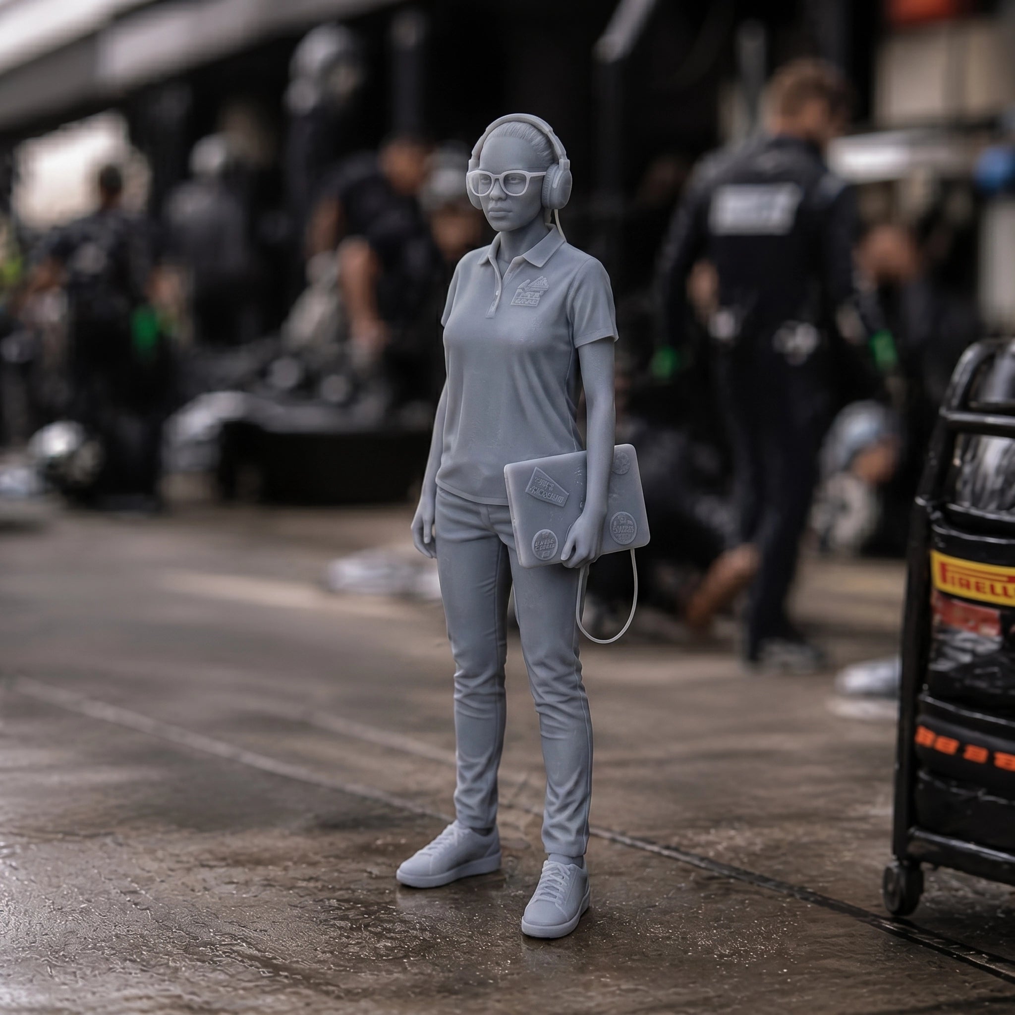 The Race Telemetry Engineer | Grey Resin Slot Car Diorama Figurine