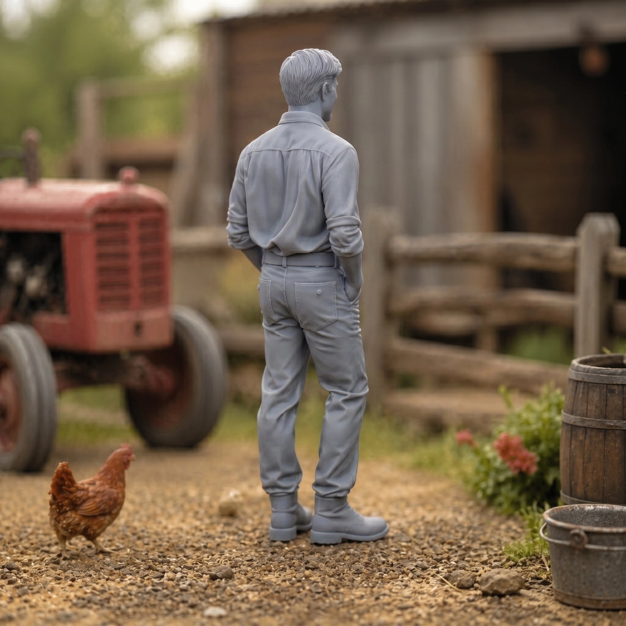 The Jovial Farmhand | Grey Resin Farm Diorama Figurine